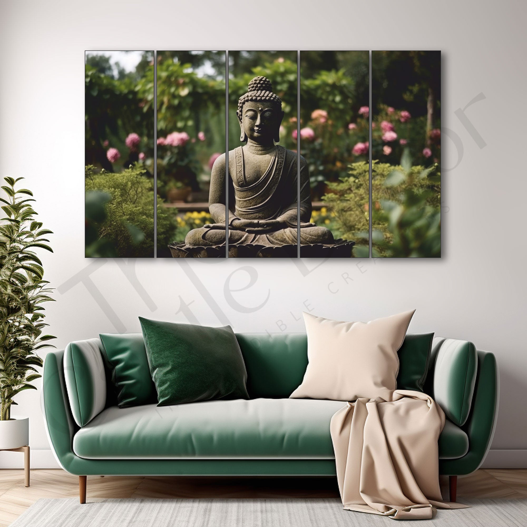 Meditation Budha with flowers Set of 5 Big Size Multiple Frames Wall Art Painting for living room,Bedroom,Drawing room,Hotels-Wooden Framed-Digital Painting