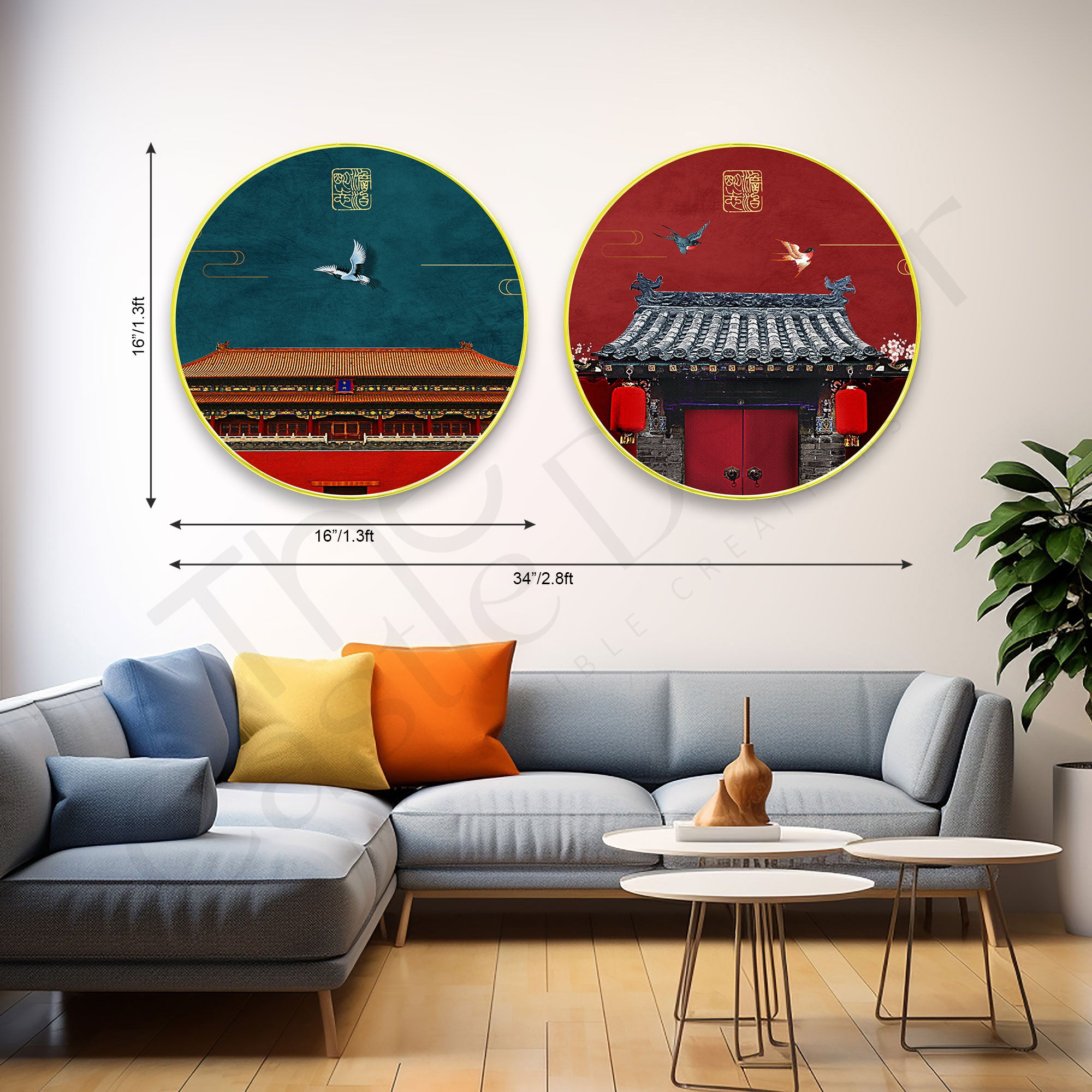 Japanese Sparkle Wooden Wall Plates Set of 2 for Home Decoration Art-41