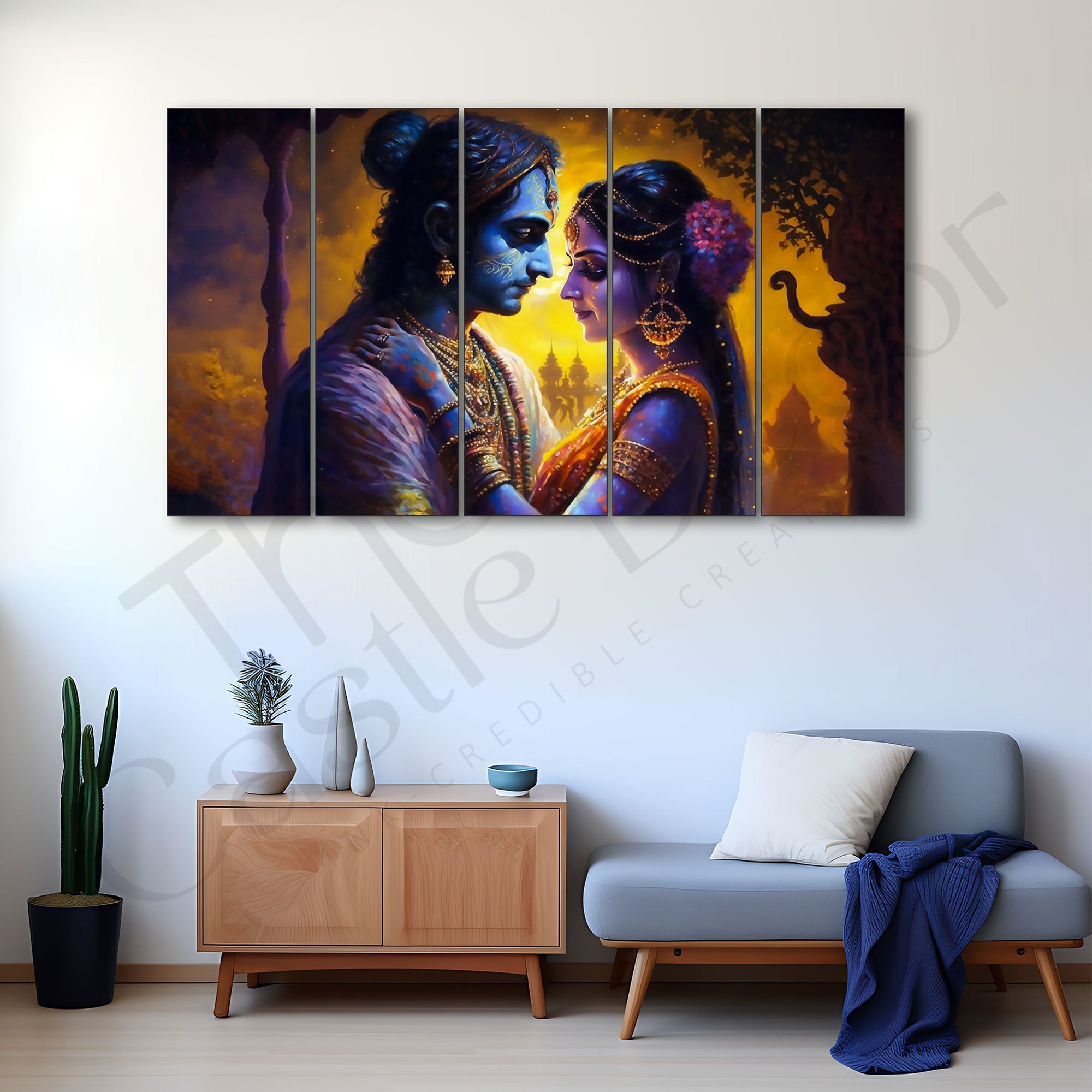 Radha krishan love Set of 5 Big Size Multiple Frames Wall Art Painting for living room,Bedroom,Drawing room,Hotels-Wooden Framed-Digital Painting