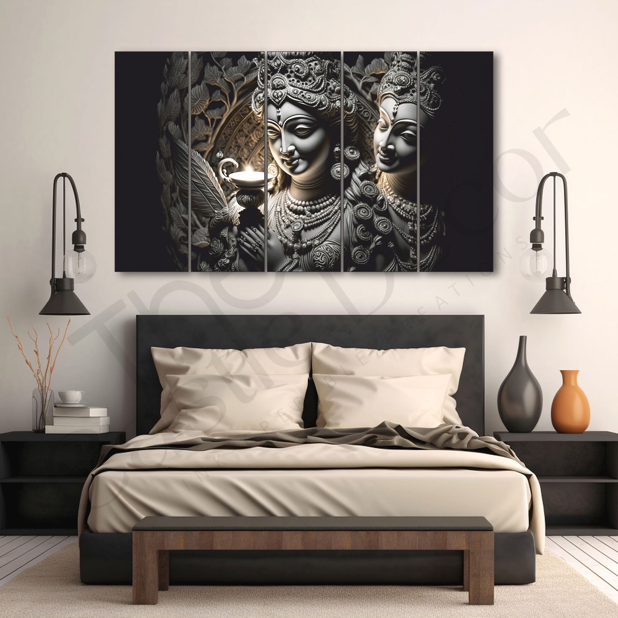Radha.krishan Set of 5 Big Size Multiple Frames Wall Art Painting for living room,Bedroom,Drawing room,Hotels-Wooden Framed-Digital Painting