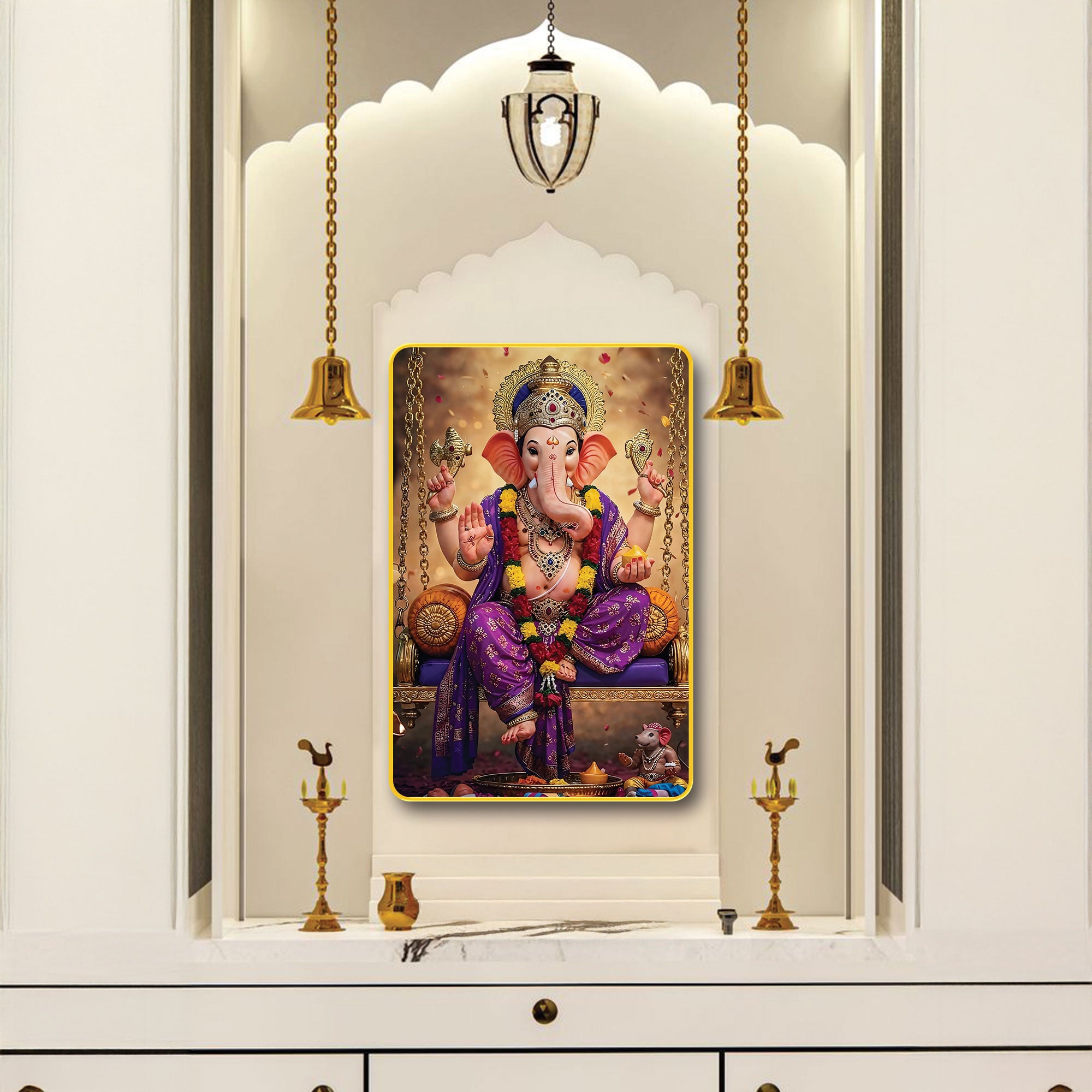 The Castle Decor Ganpati Bappa Wall Painting (20x30 Inch) | Sparkle Laminated Ganesha Art | Golden Slim Frame with MDF | Hindu God Decorative Photo for Home, Mandir & Gift | Spiritual Wall Decor