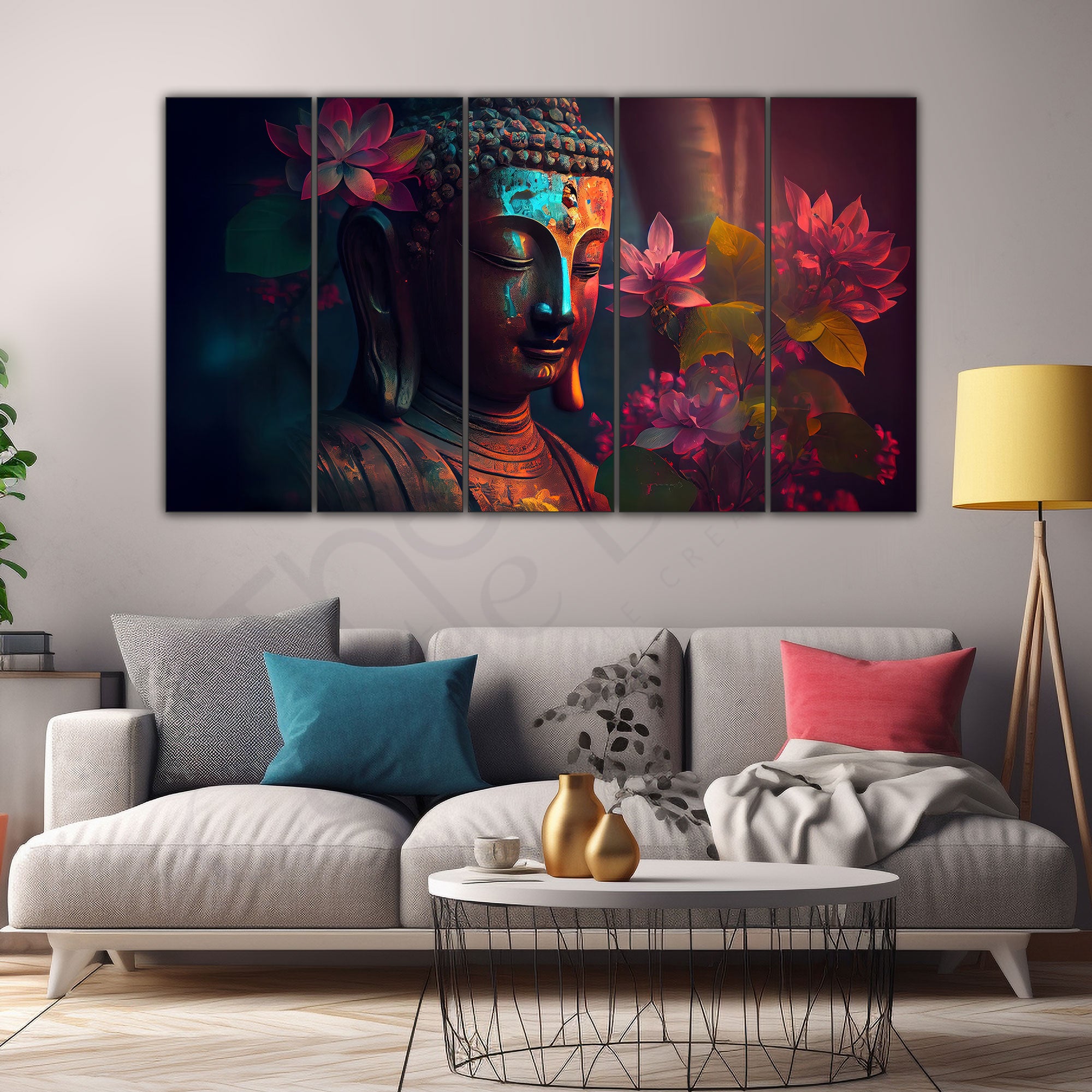 lord Budha Beautiful flowers Set of 5 Big Size Multiple Frames Wall Art Painting for living room,Bedroom,Drawing room,Hotels-Wooden Framed-Digital Painting