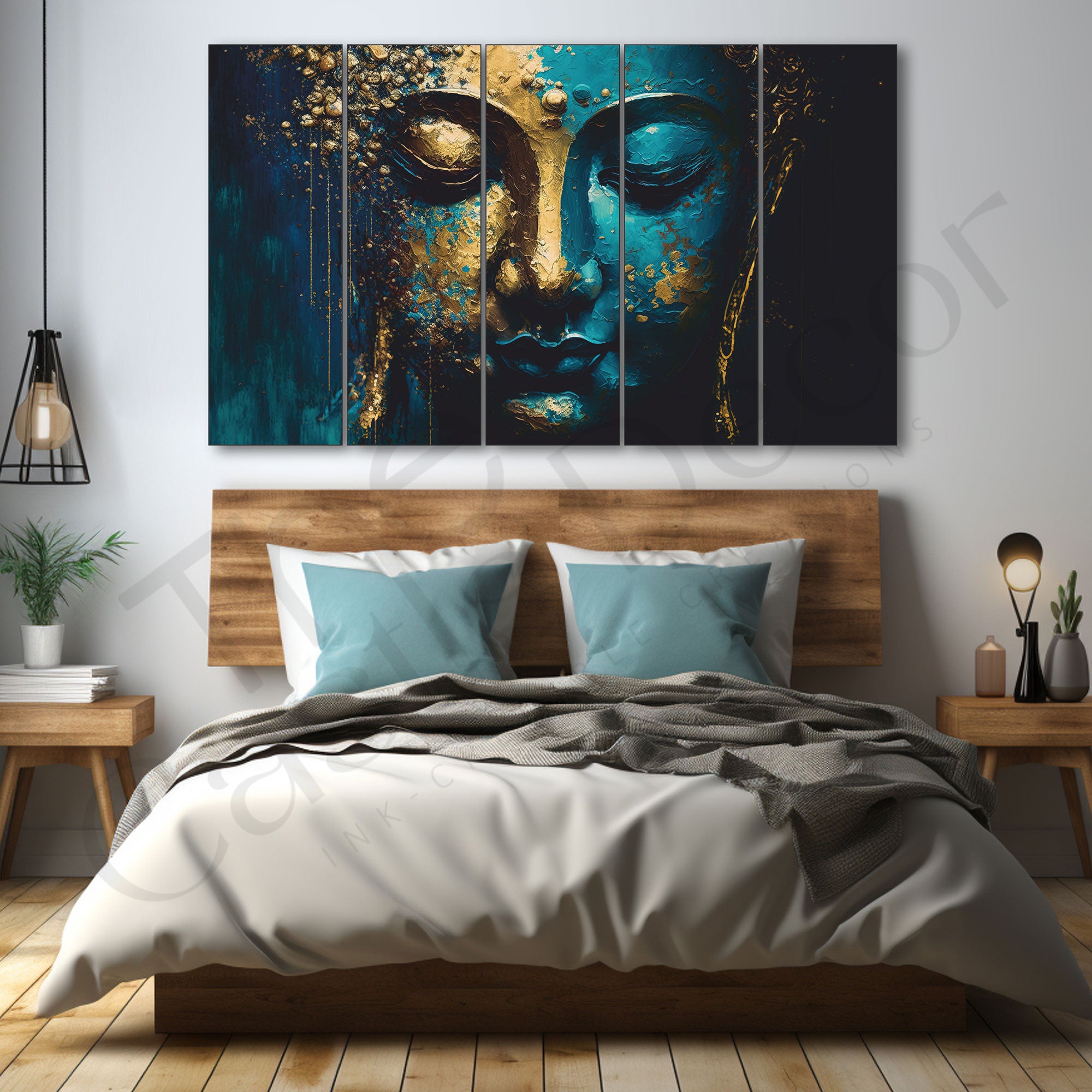 Lord Budha face Golden canvas touch Set of 5 Big Size Multiple Frames Wall Art Painting for living room,Bedroom,Drawing room,Hotels-Wooden Framed-Digital Painting