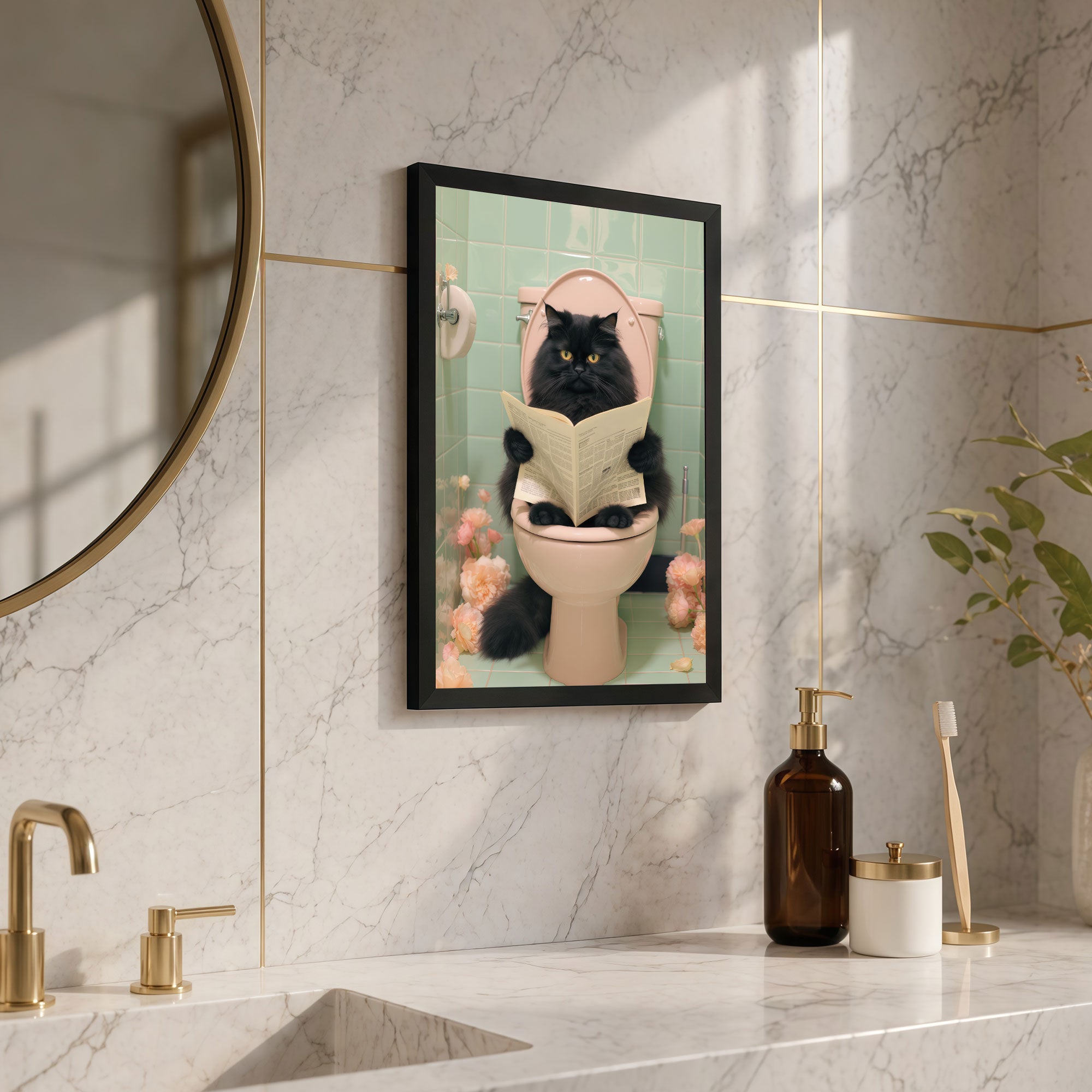 The Castle Decor Funny Black Cat Reading Newspaper on Toilet Framed Wall Art – Fluffy Persian Cat Bathroom Decor, Whimsical Animal Restroom Framed Poster, Humorous Gift for Cat Lovers