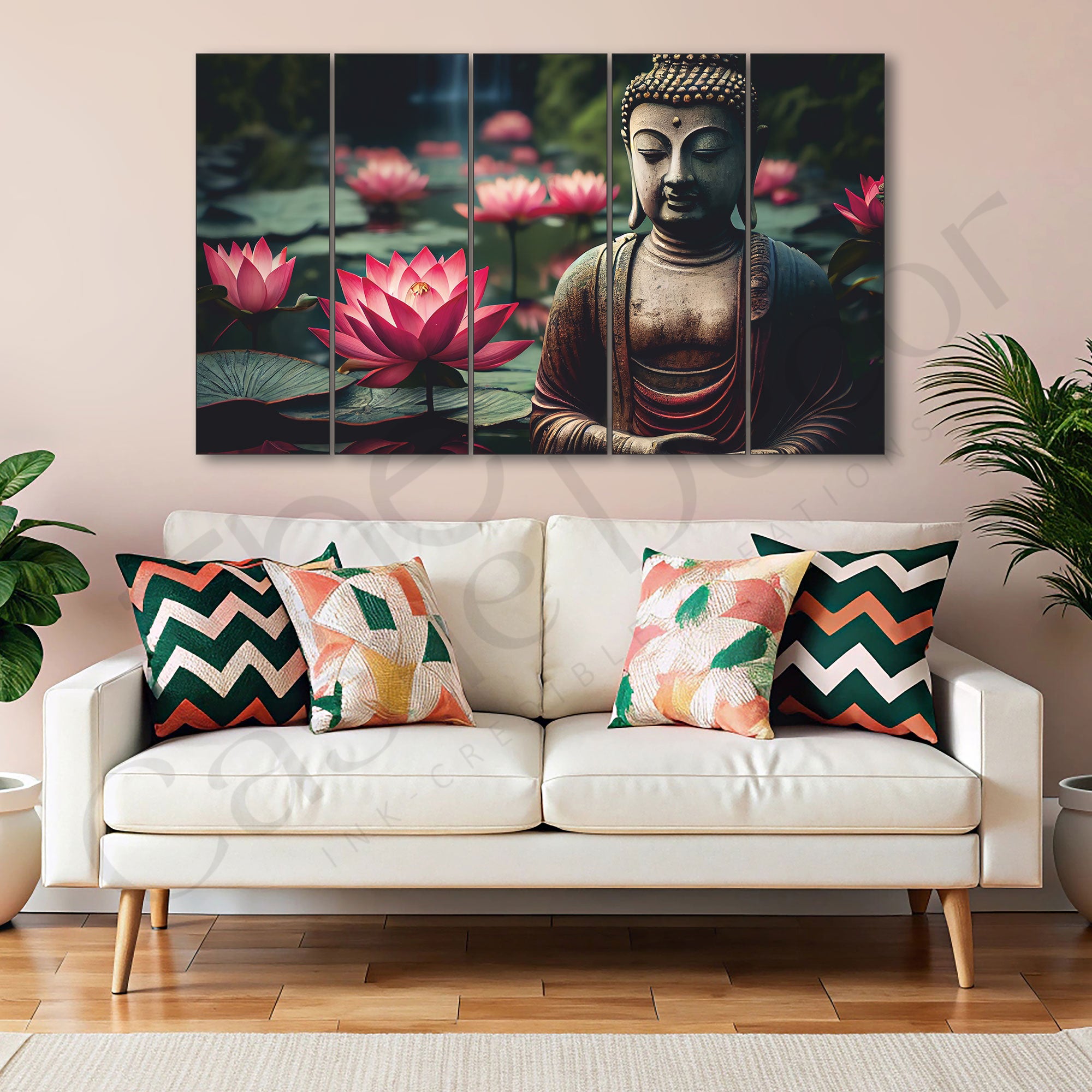 Lord Buddha with Lotus Set of 5 Big Size Multiple Frames Wall Art Painting for living room,Bedroom,Drawing room,Hotels-Wooden Framed-Digital Painting