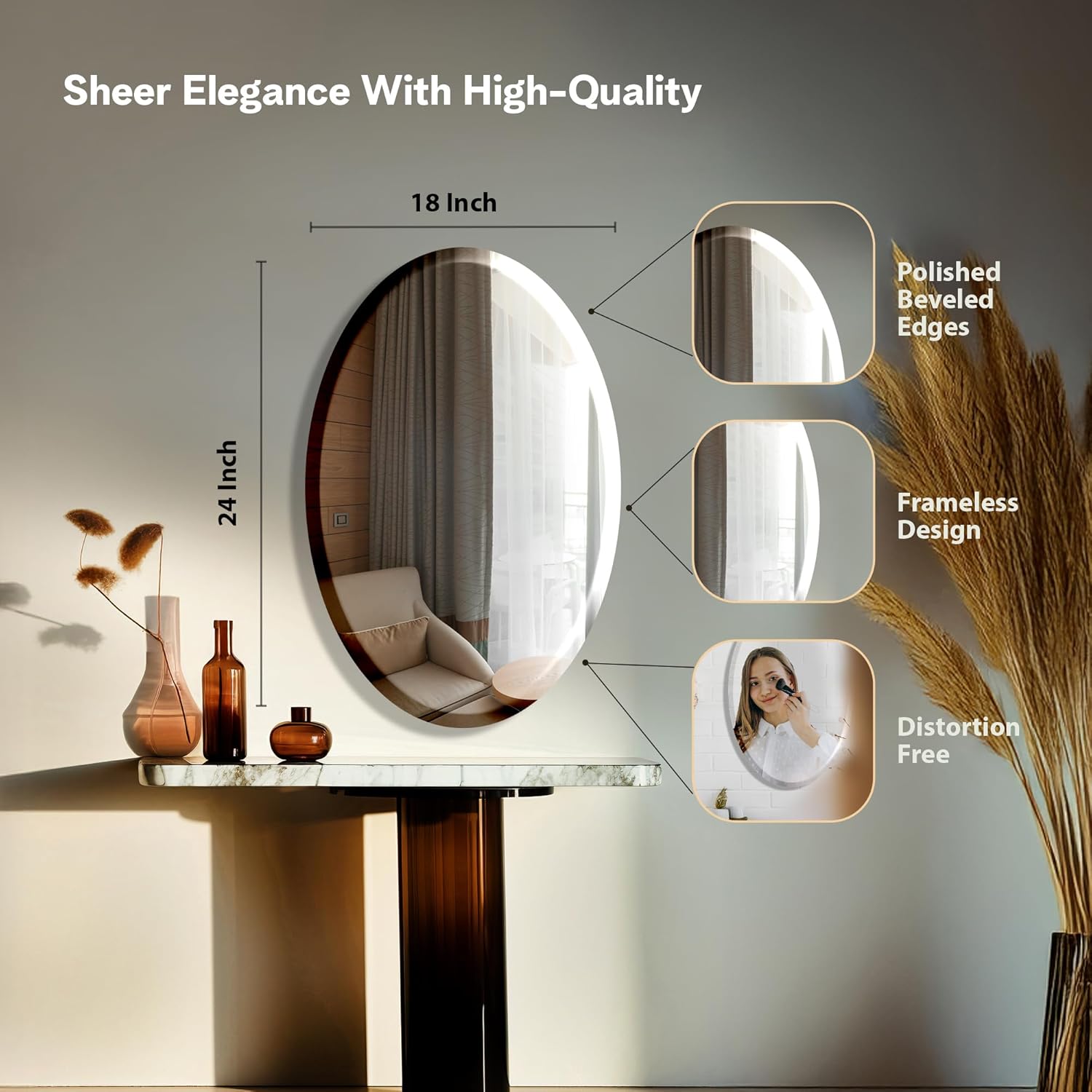 The Castle Decor Oval Glass Mirror for Bathroom Wall, Frameless 5mm Silver Glass Mirror with Beveled Edges, 18x24 Inch