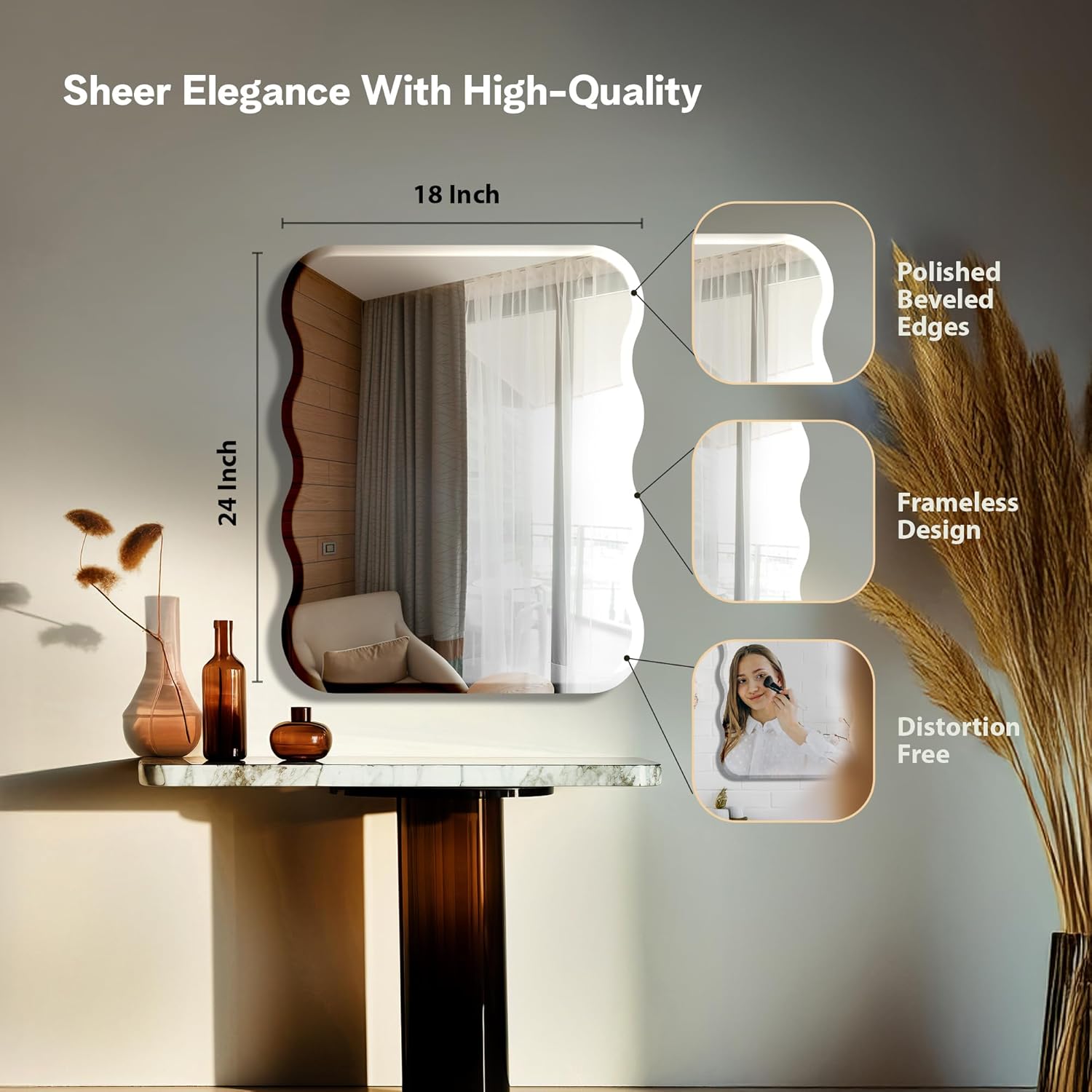 The Castle Decor Wave Glass Mirror for Bathroom Wall, Frameless 5mm Silver Glass Mirror with Beveled Edges, 18x24 Inch