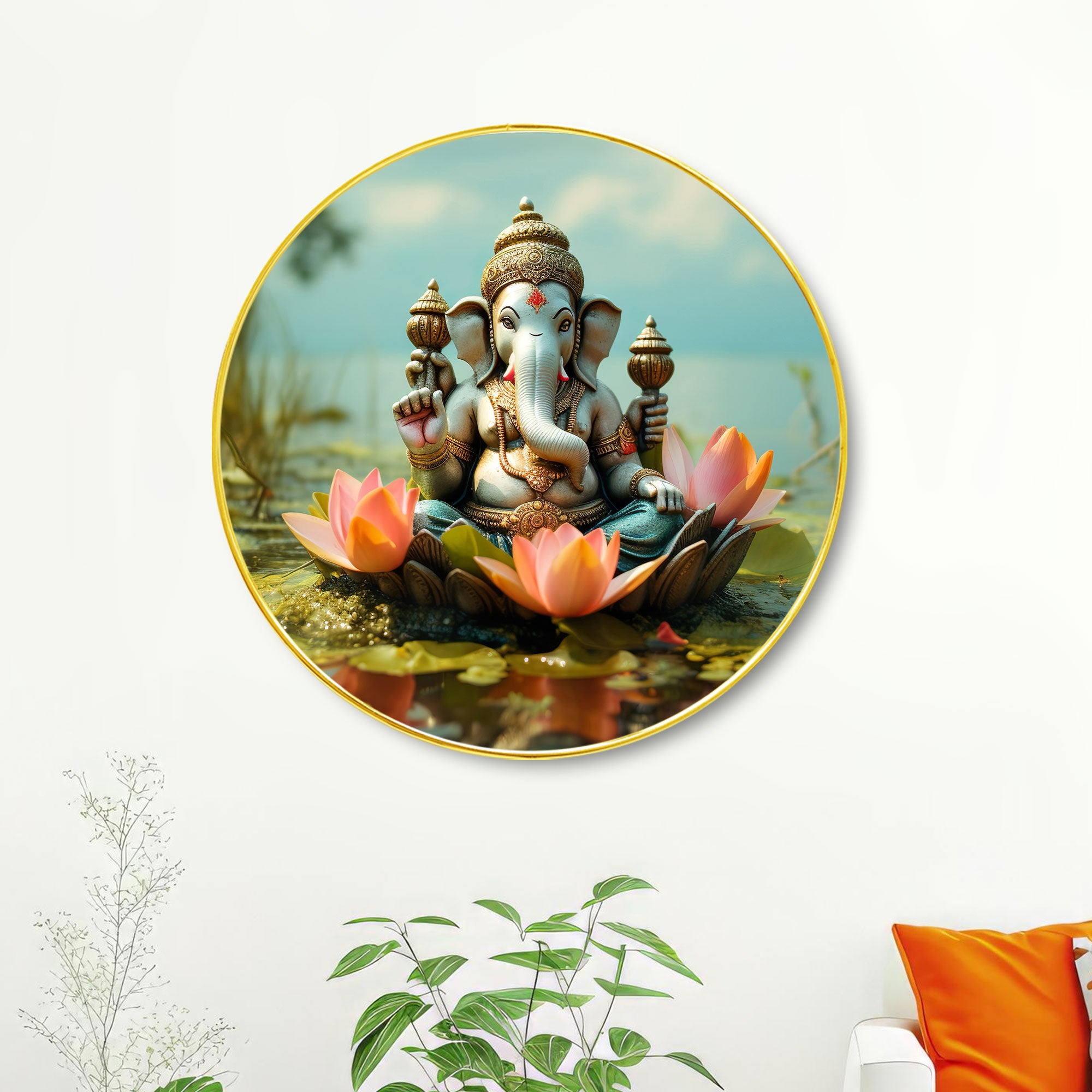 The Castle Decor Ganesha Wall Art Round Frame | Divine Home Décor Painting for Living Room, Bedroom, Office, Hotel & Ideal Gift Option