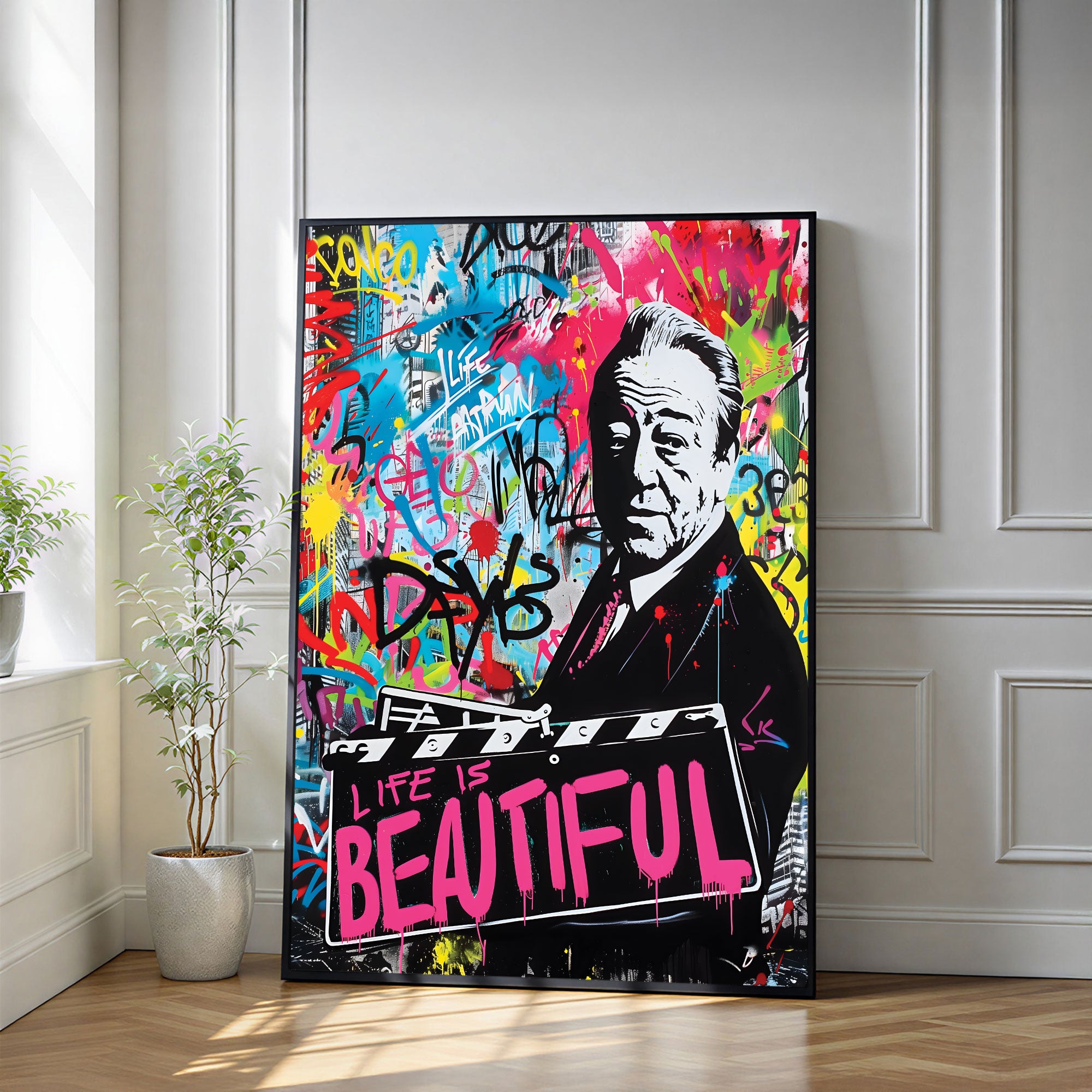 The Castle Decor Life Is Beautiful Pop Art Wall Art – Cinematic Graffiti Portrait Motivational Artwork with Premium Sparkle Finish, 20×30 Inch Wall Décor for Home & Office