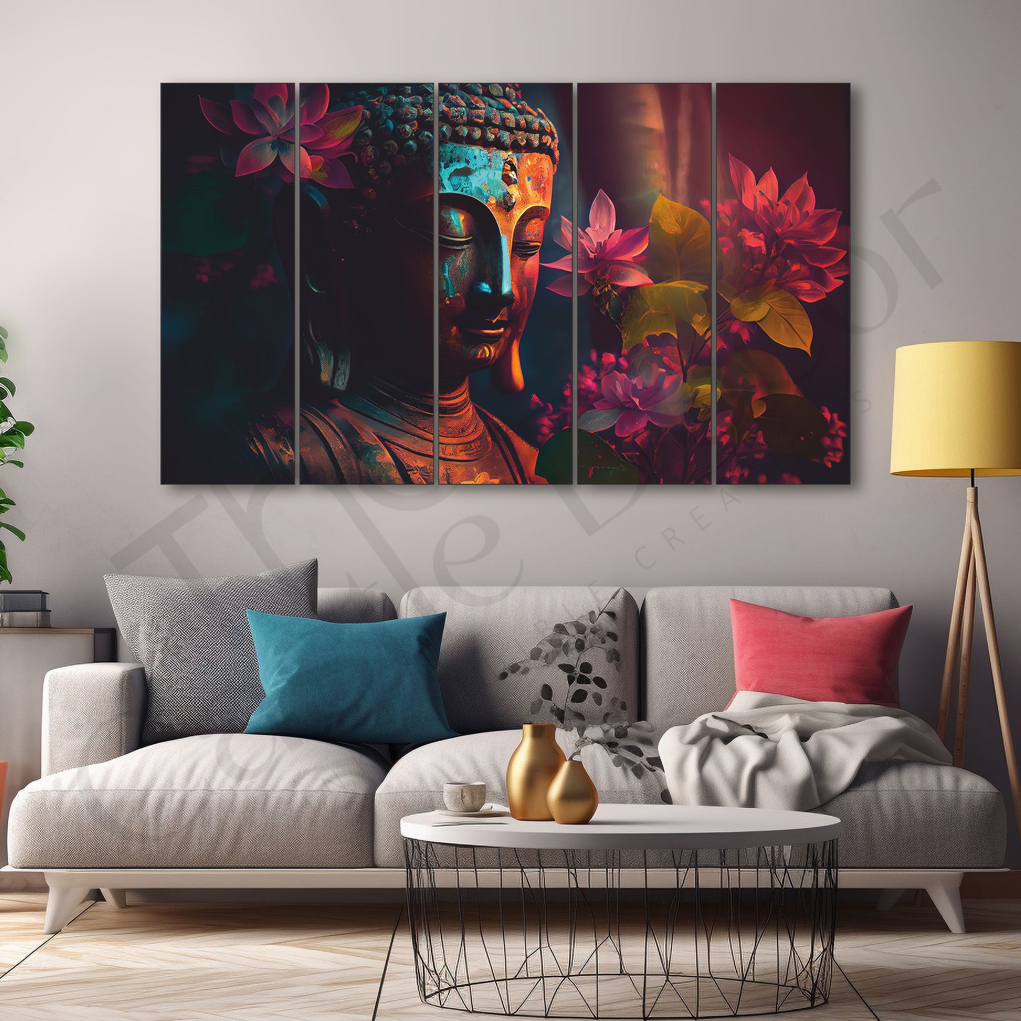 lord Budha Beautiful flowers Set of 5 Big Size Multiple Frames Wall Art Painting for living room,Bedroom,Drawing room,Hotels-Wooden Framed-Digital Painting