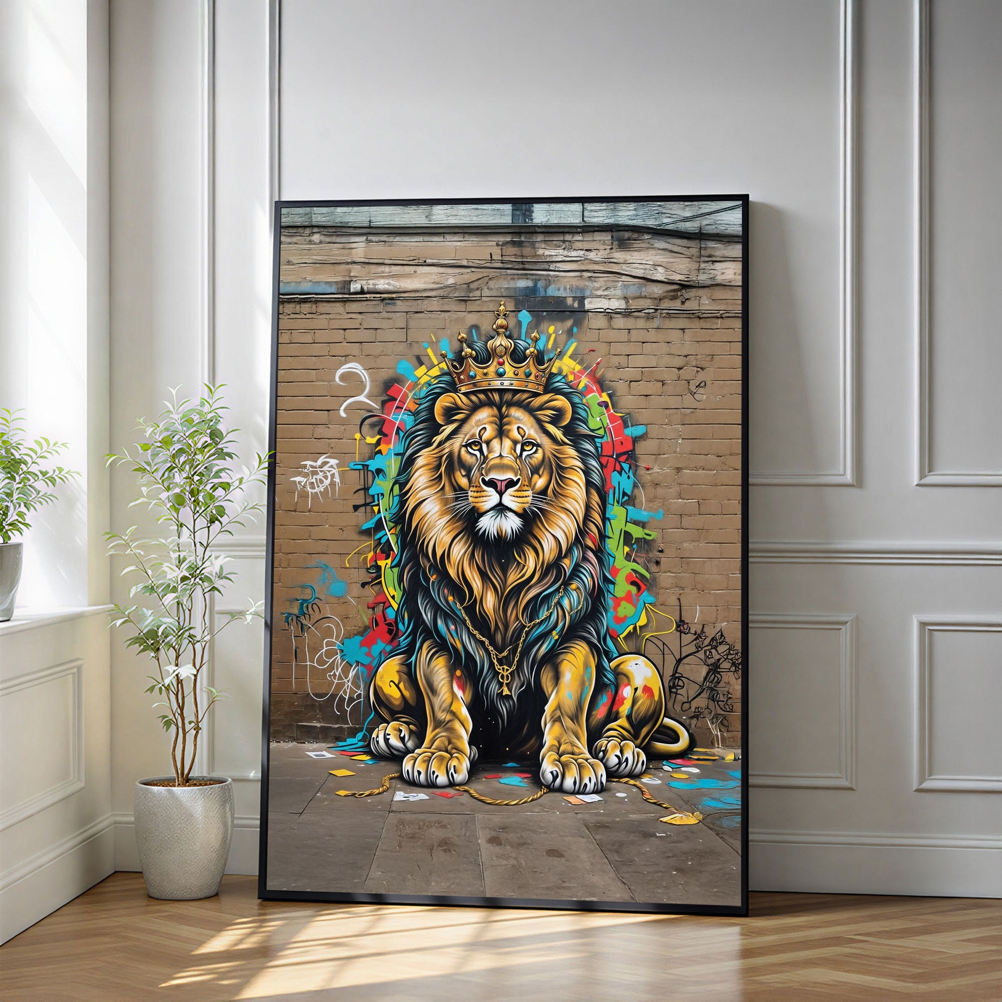 The Castle Decor Street Art Lion King Wall Art Poster, Graffiti Crowned Lion Abstract Artwork with Premium Sparkle Finish, 20×30 Inch Wall Décor for Studio & Office
