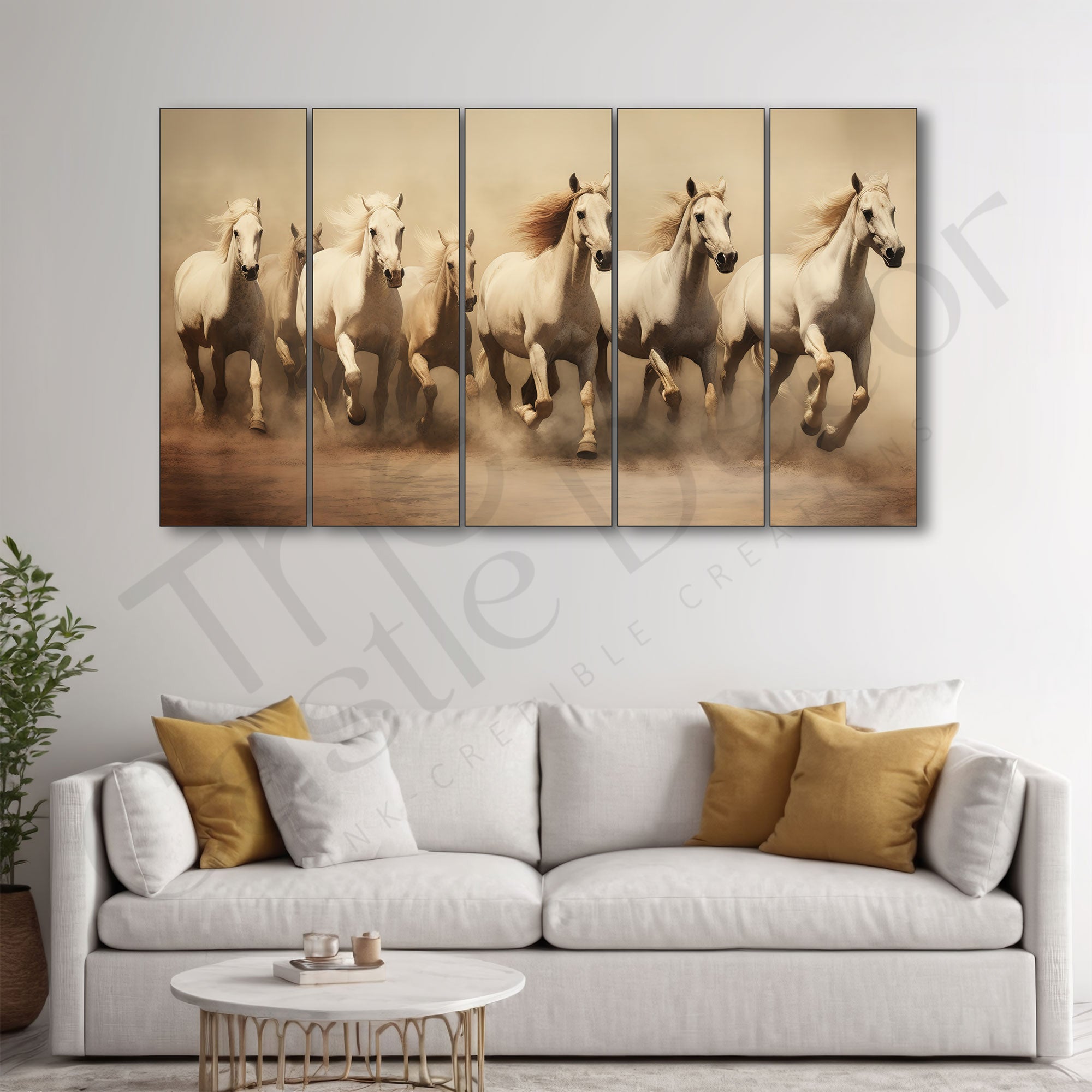 Vastu 7 running horse Set of 5 Big Size Multiple Frames Wall Art Painting for living room,Bedroom,Drawing room,Hotels-Wooden Framed-Digital Painting