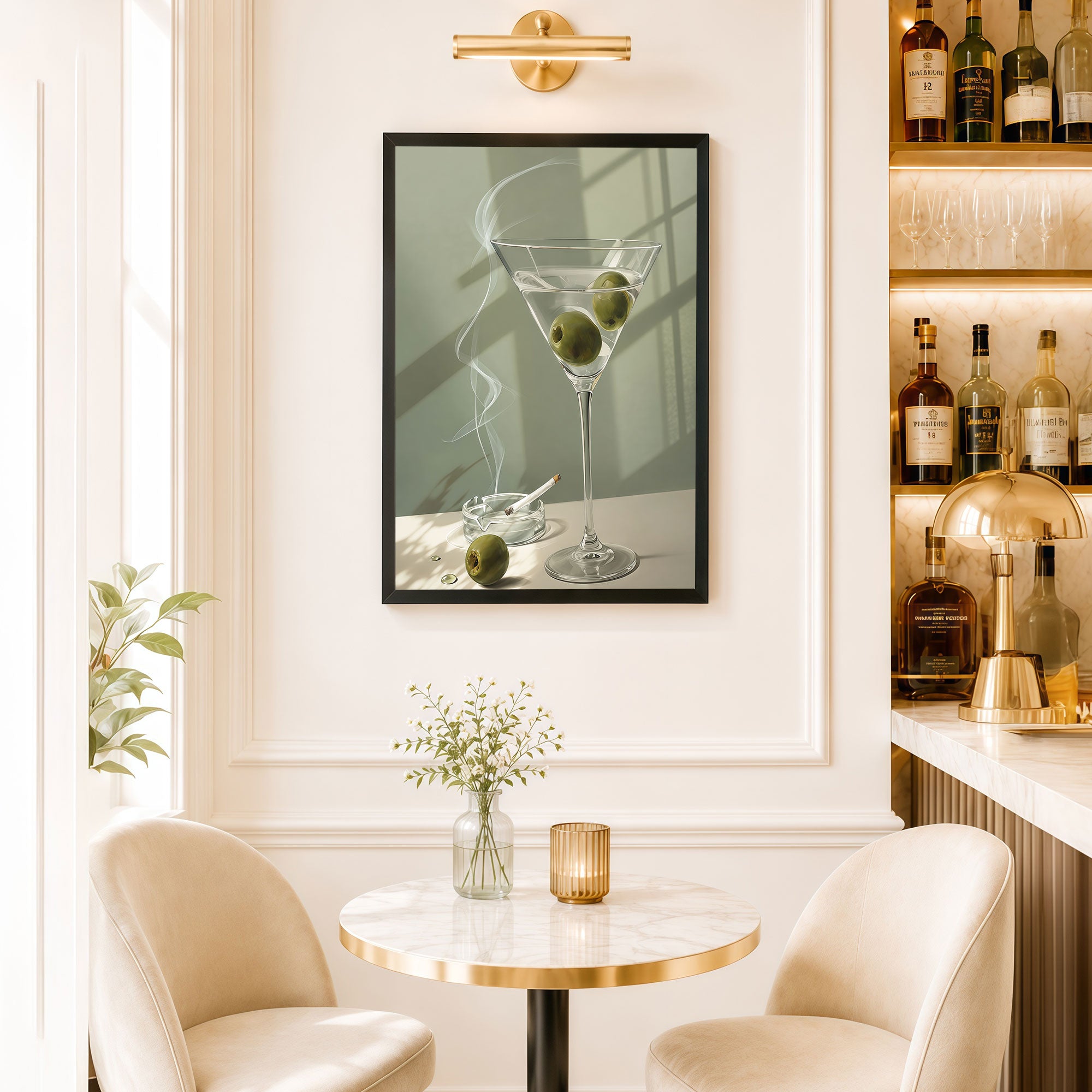 The Castle Decor Elegant Martini Glass with Olive Wall Painting | Modern Cocktail Bar Decor for Lounge, Cafe, Dining Room & Home Bar