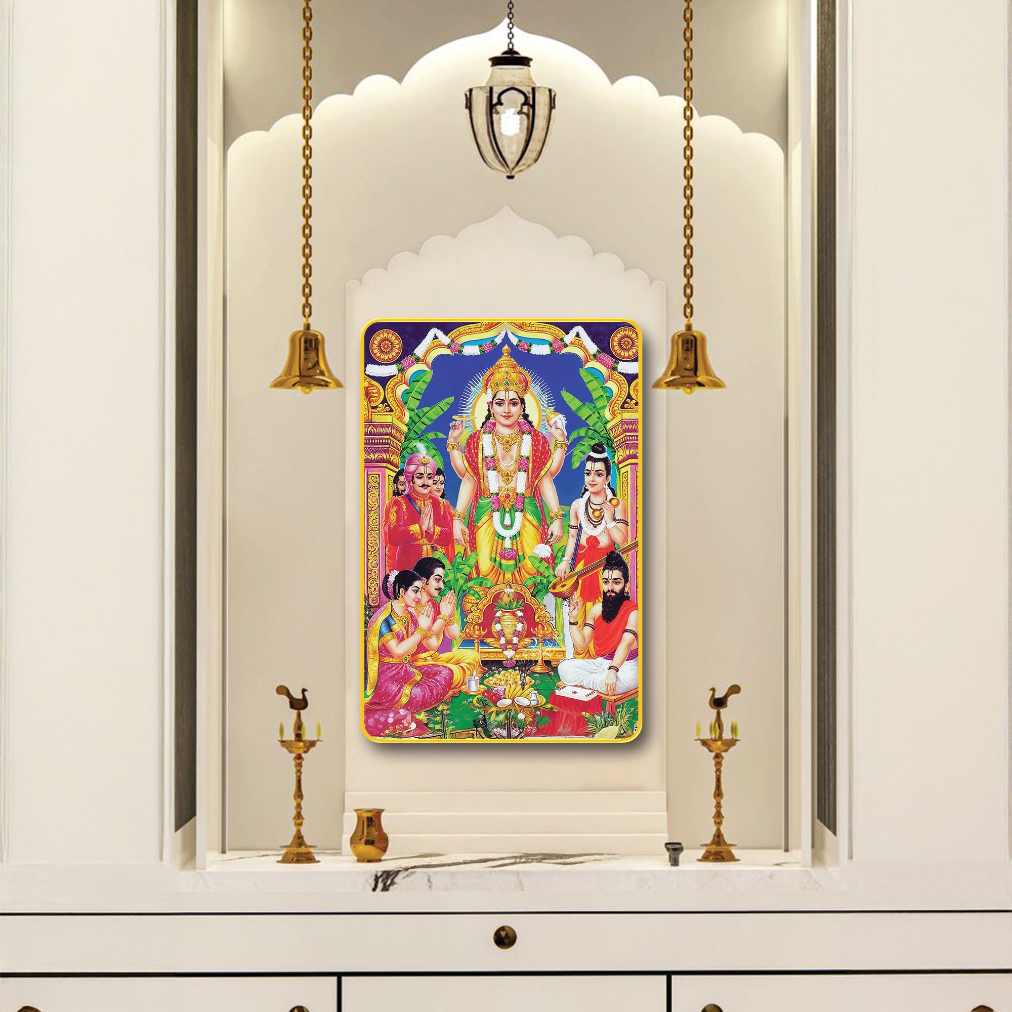 The Castle Decor Divine Lord Satyanarayan Sparkle Digital Print | Premium Golden Slim Frame | Sacred Hindu God Wall Decor for Home, Office & Temple 20X30 Inches
