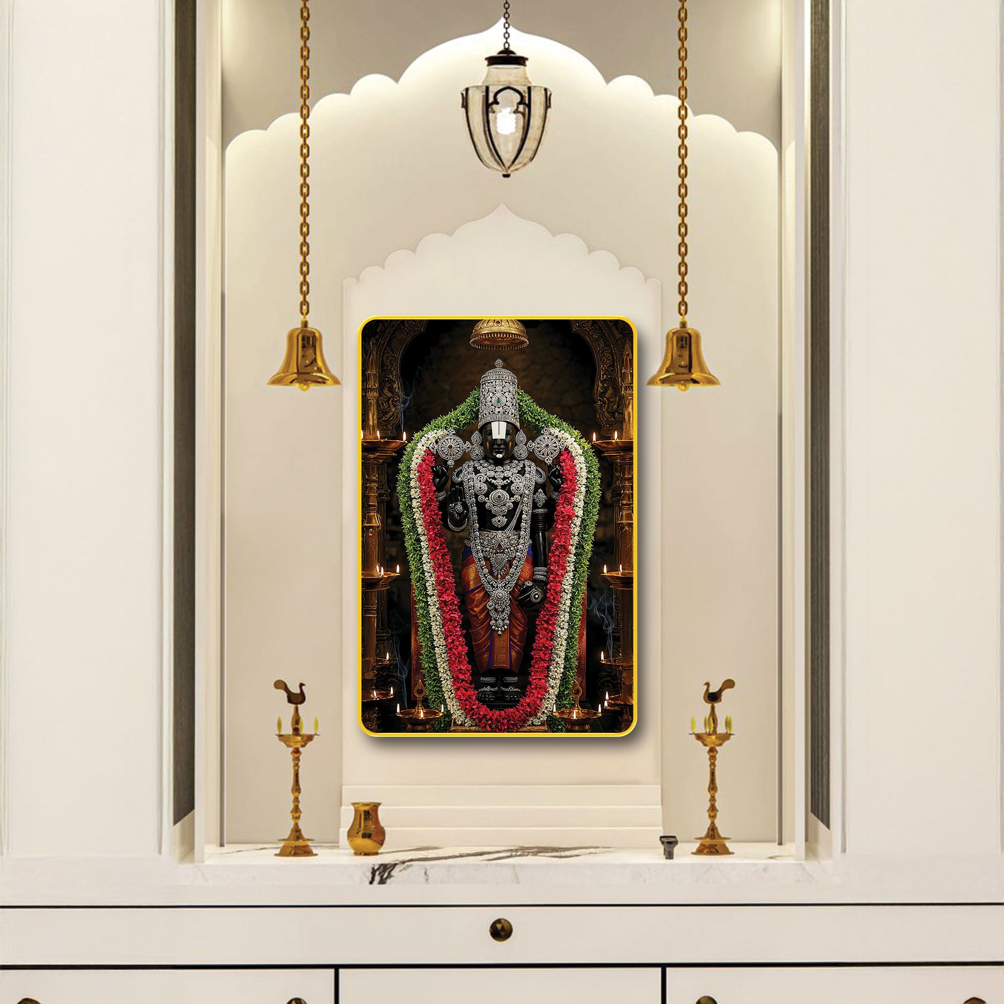 Lord Venkateshwara Tirupati Balaji Wall Frame | Premium Sparkle Laminated Digital Art in Golden Slim Frame | Sacred Temple & Home Décor for Living Room, Bedroom & Office 20X30 Inches