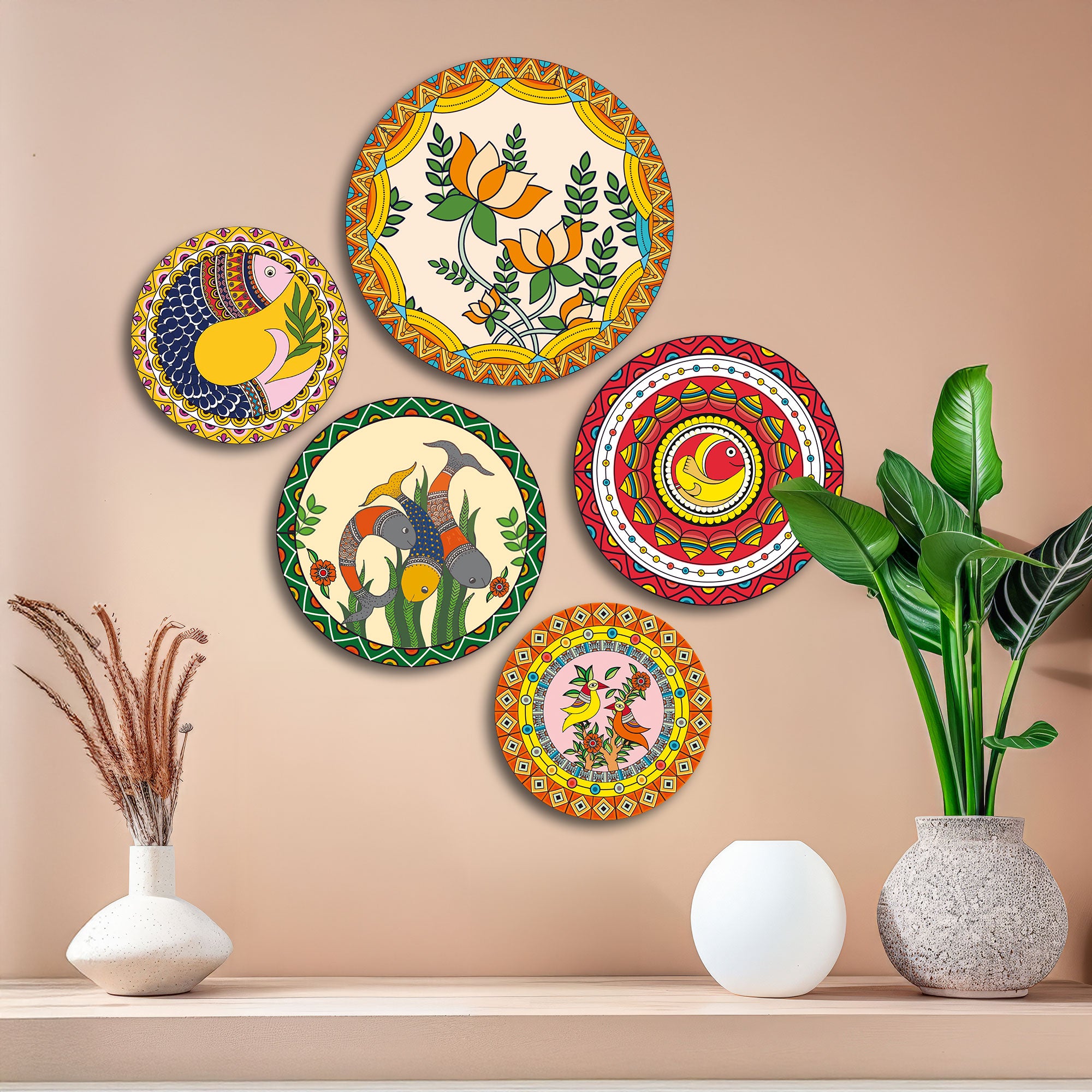 The Castle Decor Madhubani Wall Plates Set of 5- Traditional Indian Folk Art Decorative Plates for Living Room, Bedroom,Office,Home Decoration & Gift for All
