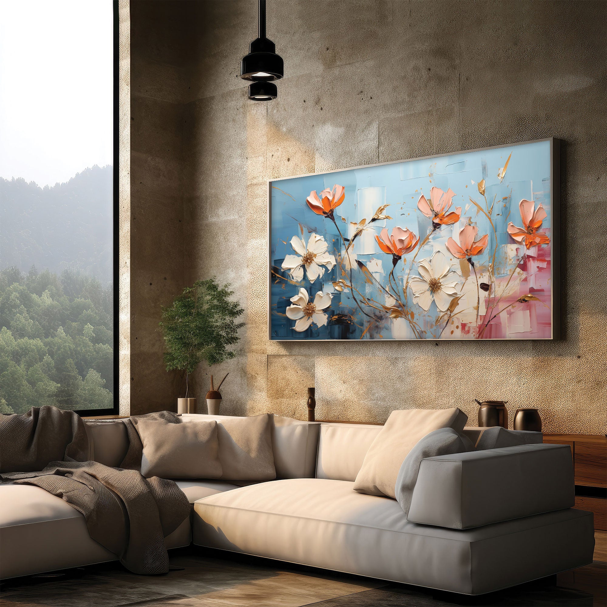 Multi flowresAbstract Canvas painting with frame Big Size Wall Art for living room,Bedroom,Drawing room,Hotels