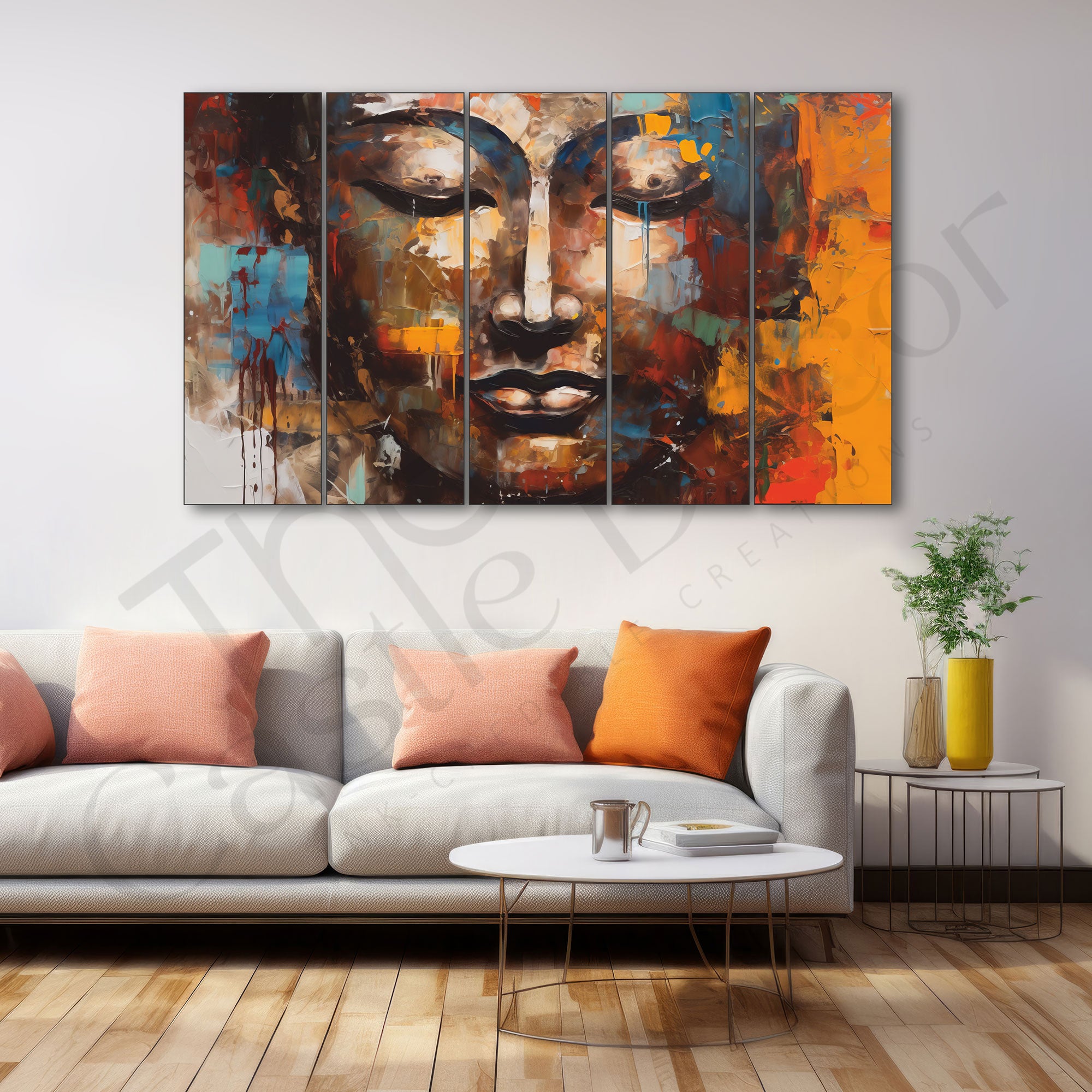 Lord Budha canvas texture Set of 5 Big Size Multiple Frames Wall Art Painting for living room,Bedroom,Drawing room,Hotels-Wooden Framed-Digital Painting