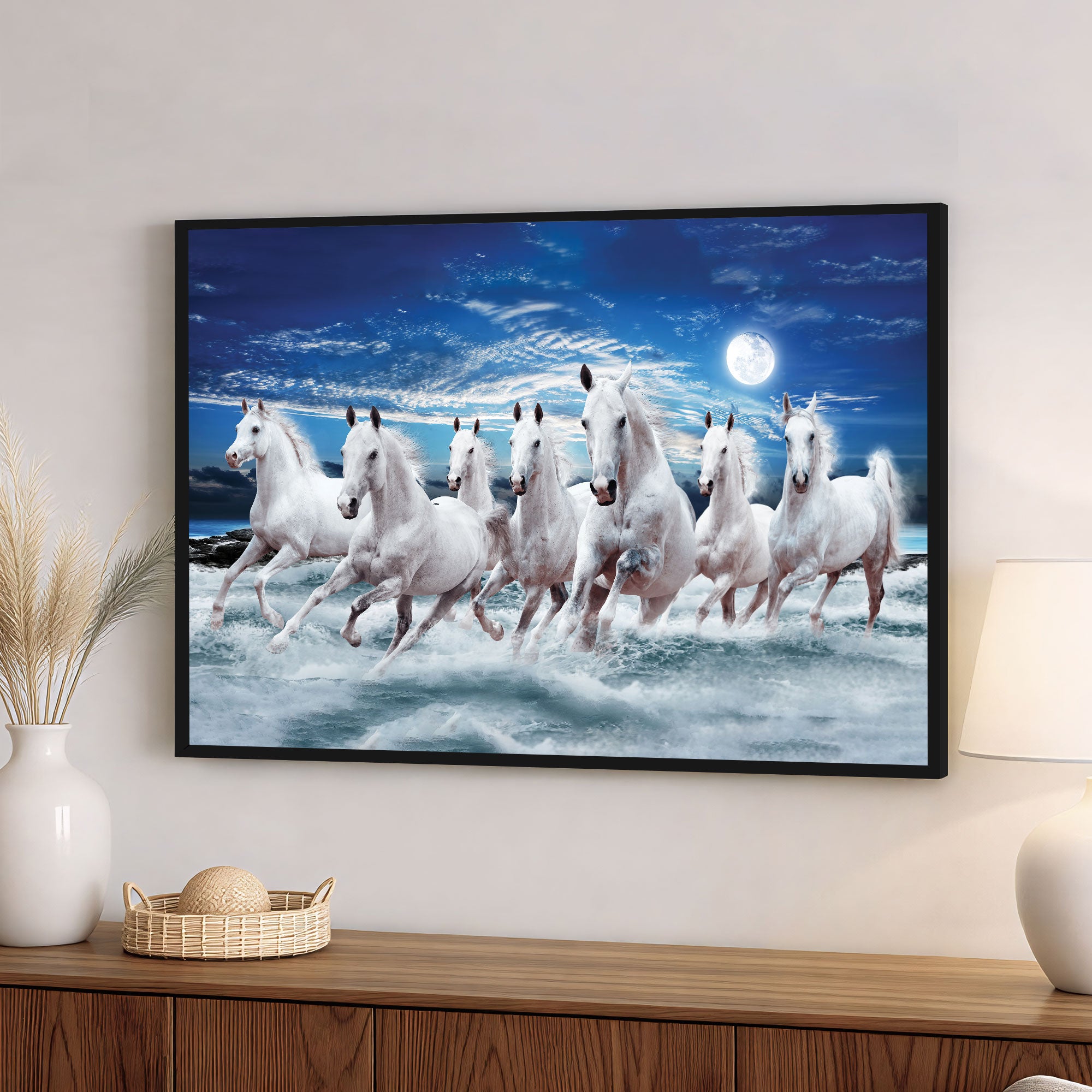 The Castle Decor 7 Running White Horses Wall Painting, Sunrise Sunset Theme, Vastu Wall Art for Living Room, Office, Bedroom Decor 20X30 inch -1006