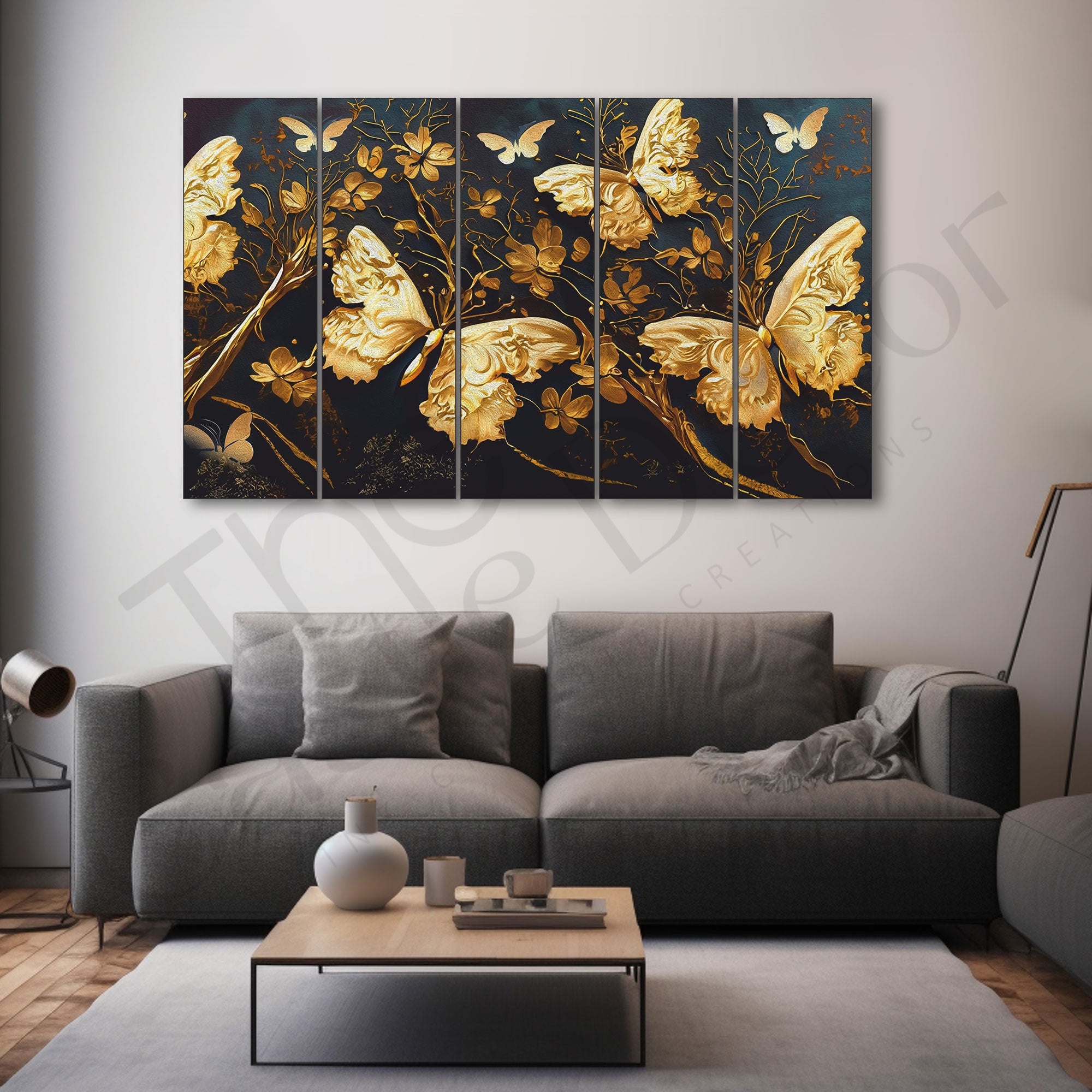 Golden Butterflies Painting Set of 5 for Home Decoration