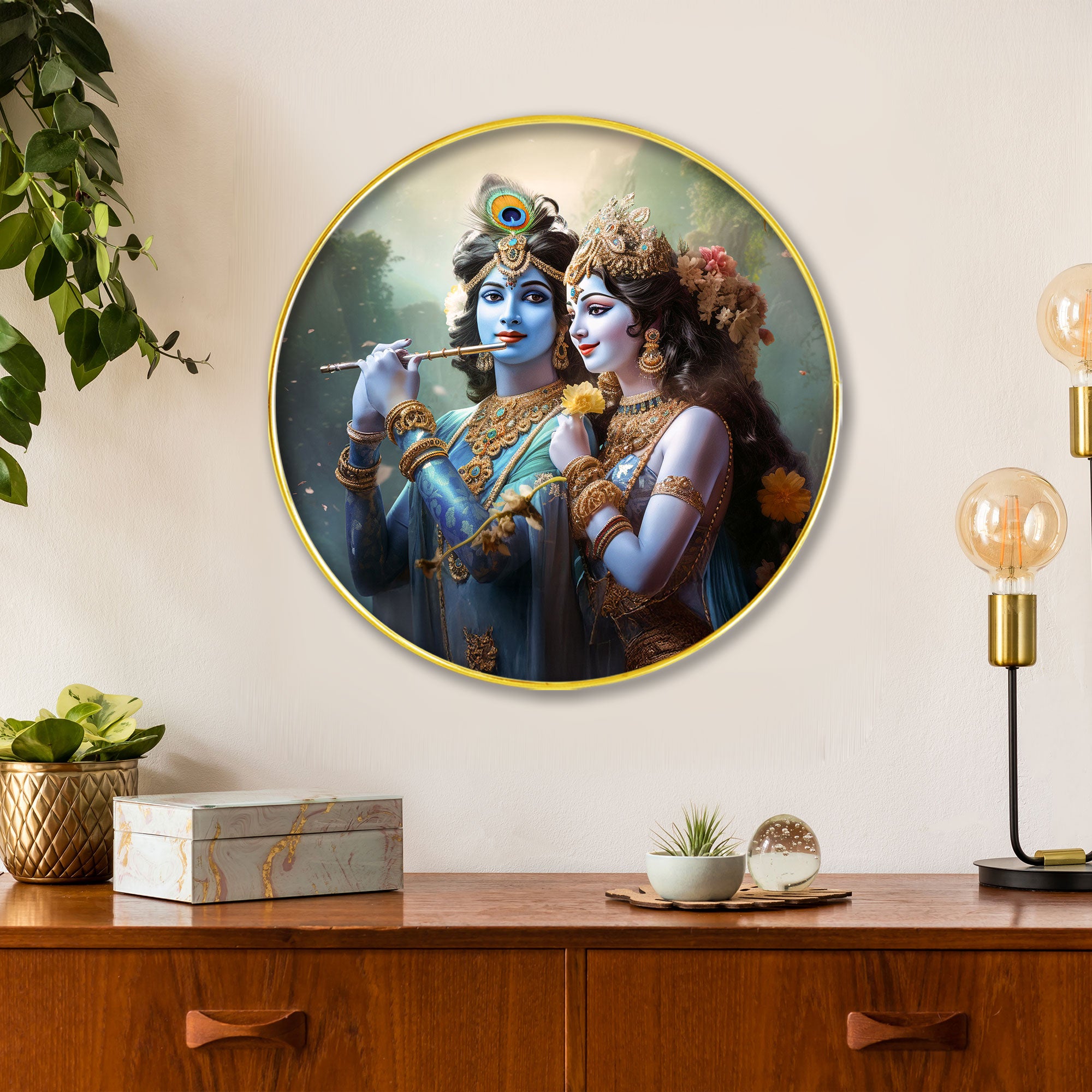 The Castle Decor Radha Krishna Round Wall Painting | Elegant Golden Frame Love Artwork for Living Room, Bedroom, Hotel & Gift Decoration