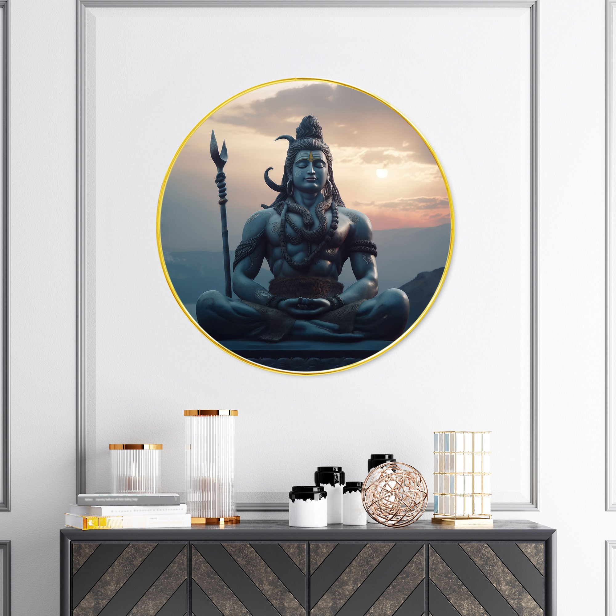 The Castle Decor Lord Shiva Wall Art Painting | Round Frame Spiritual Wall Hanging for Home Decoration, Living Room, Bedroom, Office & Gift Option
