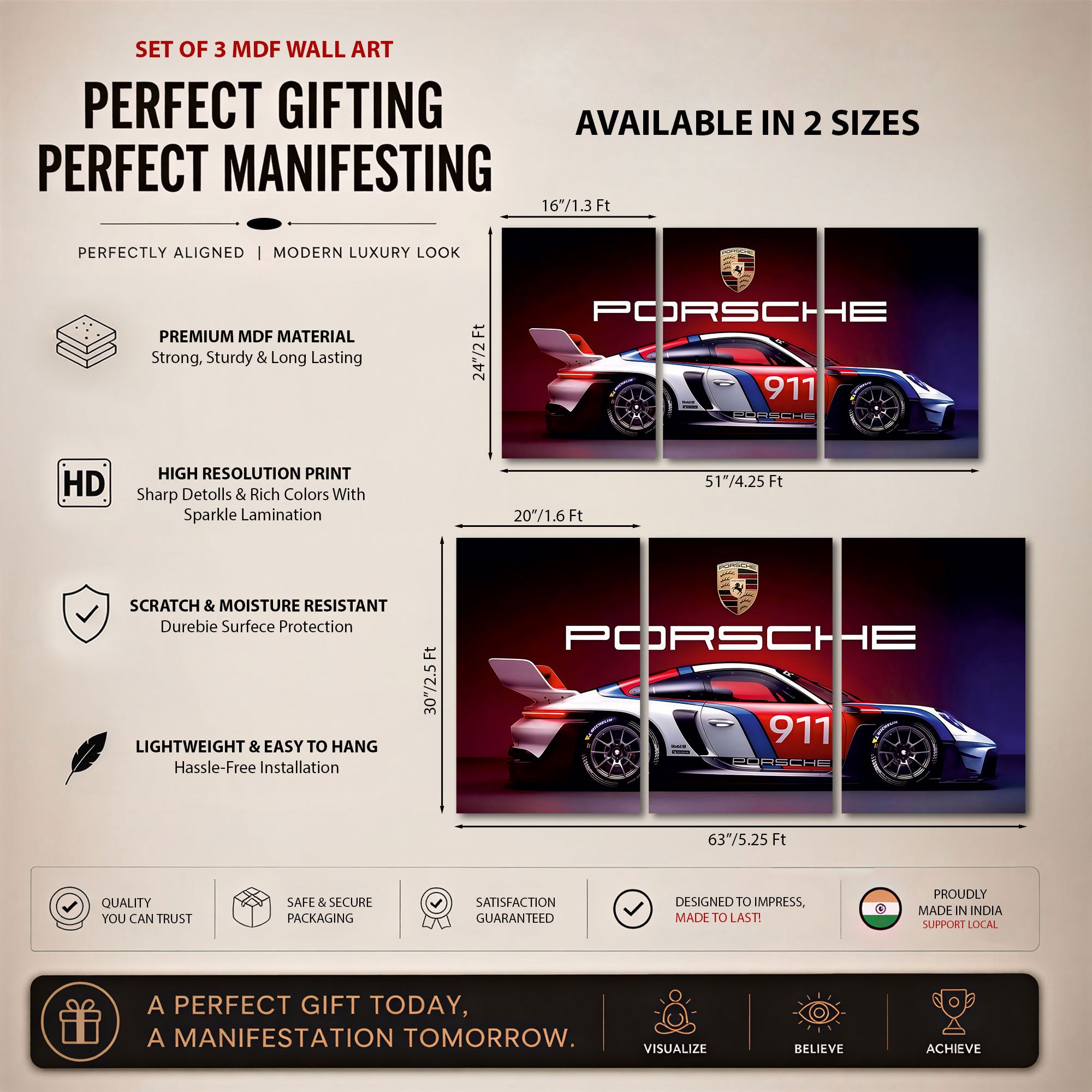 The Castle Decor Porsche Racing Car Wall Art Set of 3 MDF Painting Luxury Sports Car Wall Decor for Men Gamers Bedroom Gaming Room Office Home Decoration