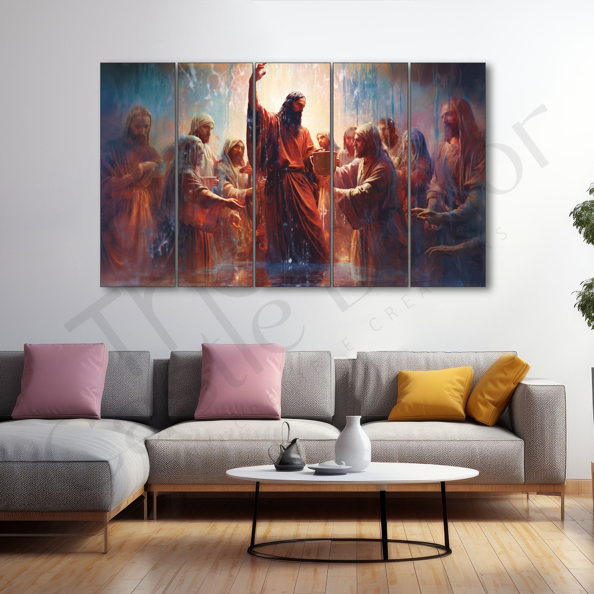 Jesus christ wine supper Set of 5 Big Size Multiple Frames Wall Art Painting for living room,Bedroom,Drawing room,Hotels-Wooden Framed-Digital Painting 27x48"