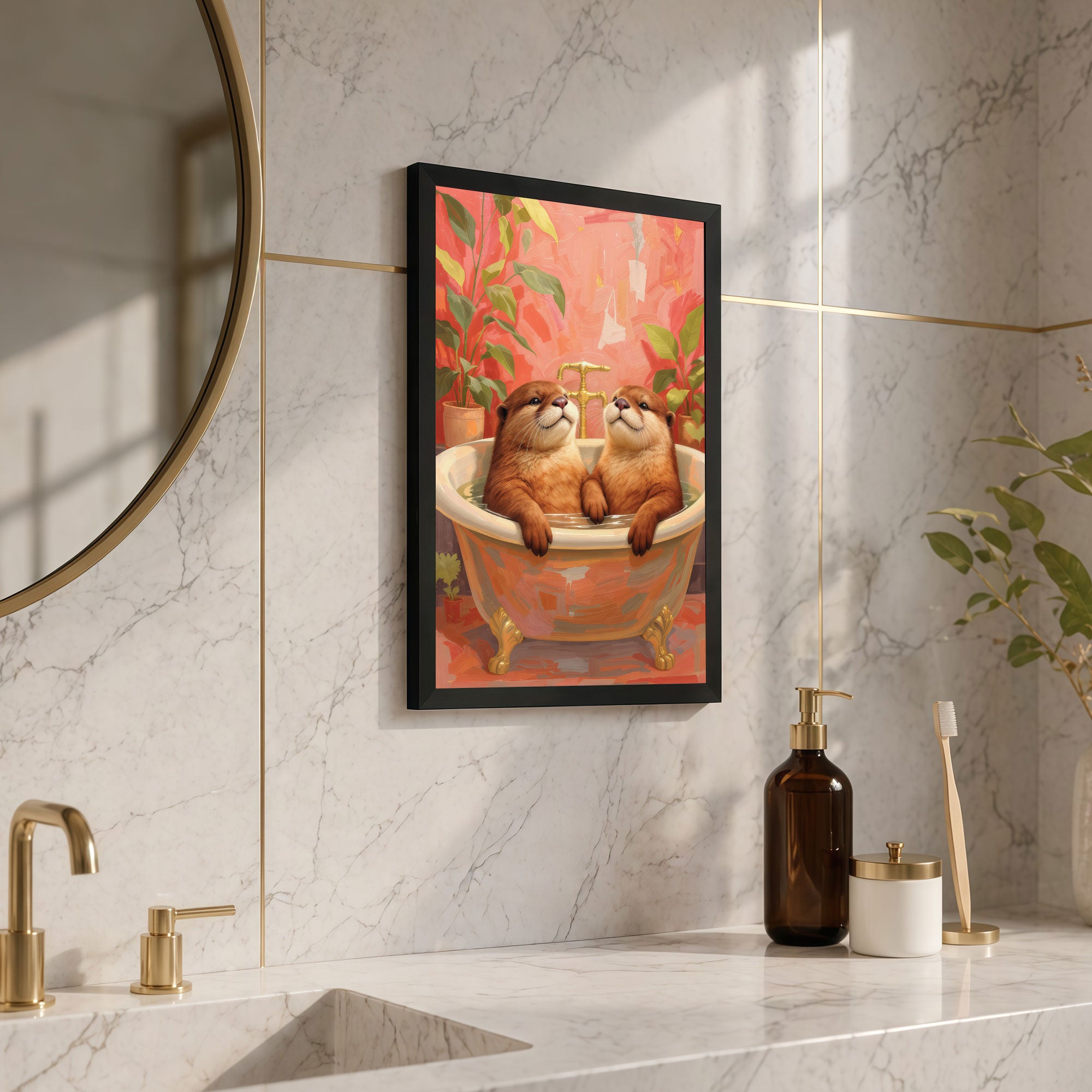 The Castle Decor Adorable Otter Bath Wall Art | Cute Animal Bathroom Painting | Modern Pink Bathroom Decor | Framed Funny Wall Poster