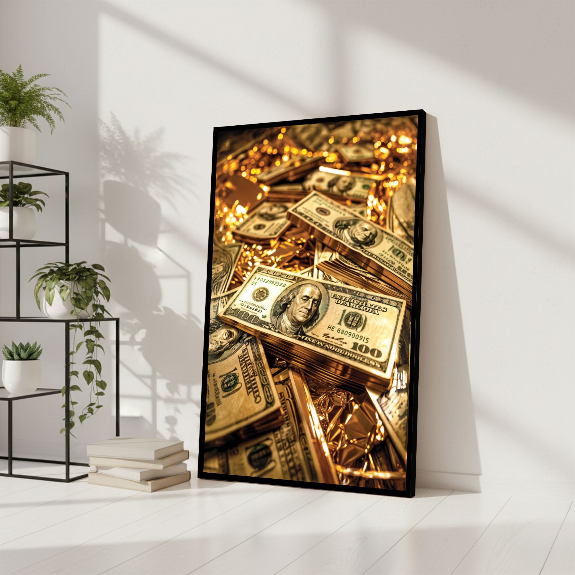 The Castle Decor Luxury Money Wall Art | Gold Bars & Dollar Stacks Modern Painting | Premium Big Size Framed for Living Room, Office & Hotels | Wealth & Prosperity Wall Decoration (20x30 Inches)