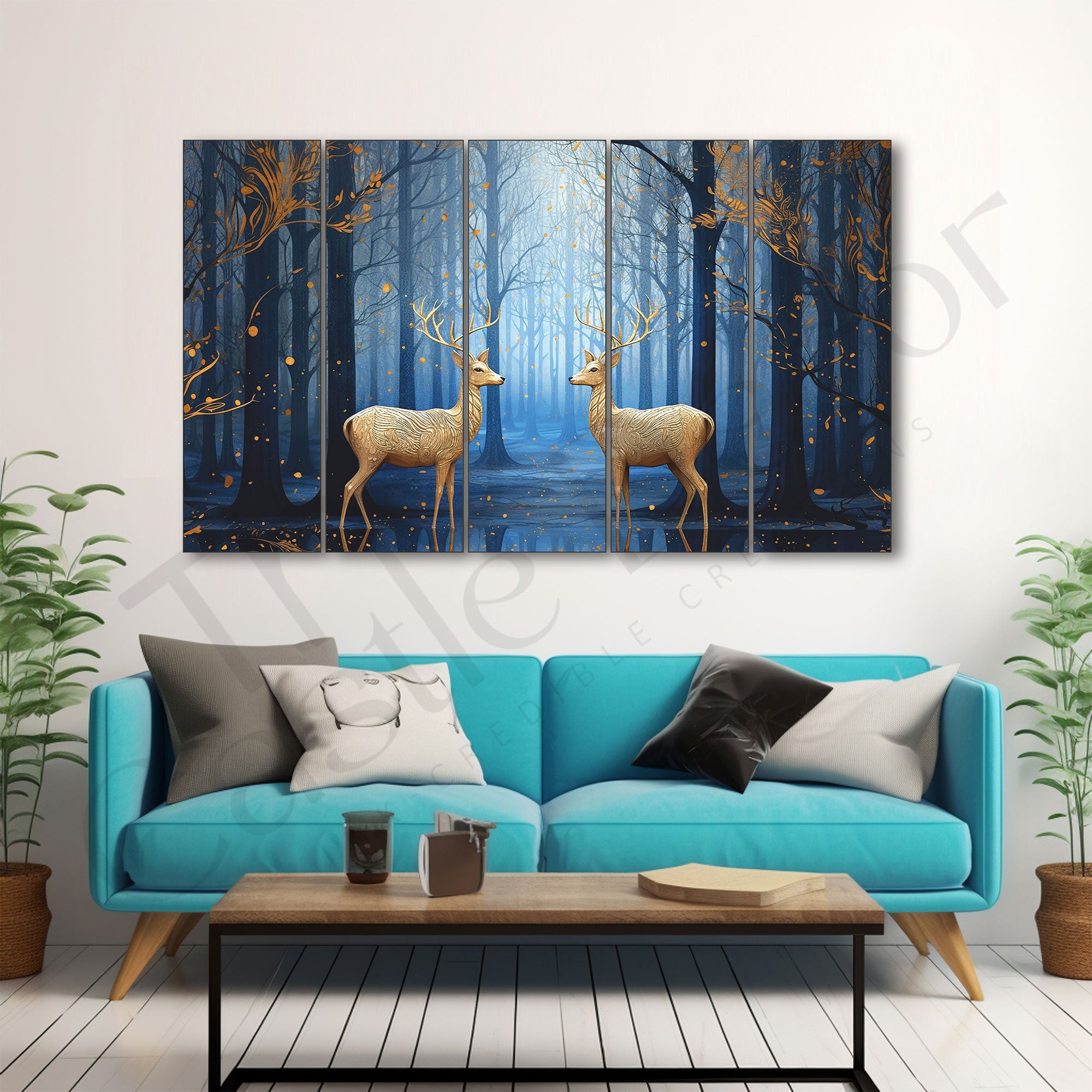 Golden deer wall Set of 5 Big Size Multiple Frames Wall Art Painting for living room,Bedroom,Drawing room,Hotels-Wooden Framed-Digital Painting