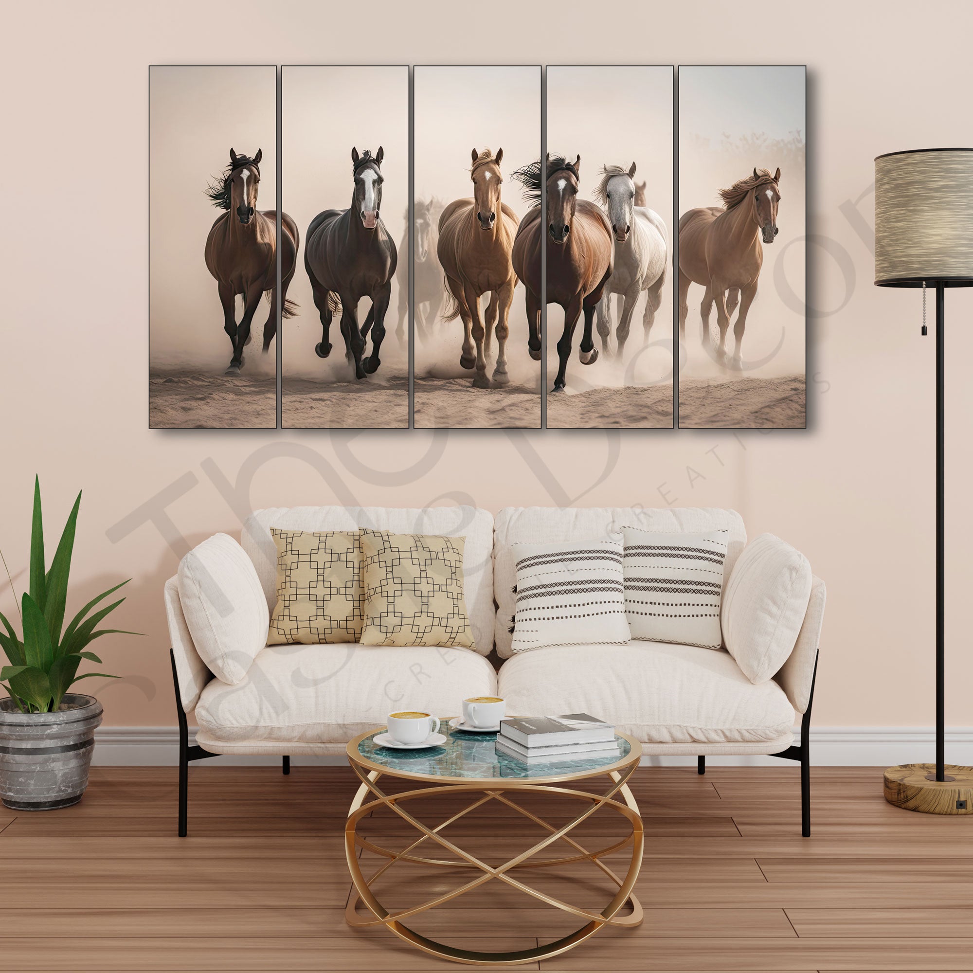 VASTU 7 runing horses Set of 5 Big Size Multiple Frames Wall Art Painting for living room,Bedroom,Drawing room,Hotels-Wooden Framed-Digital Painting