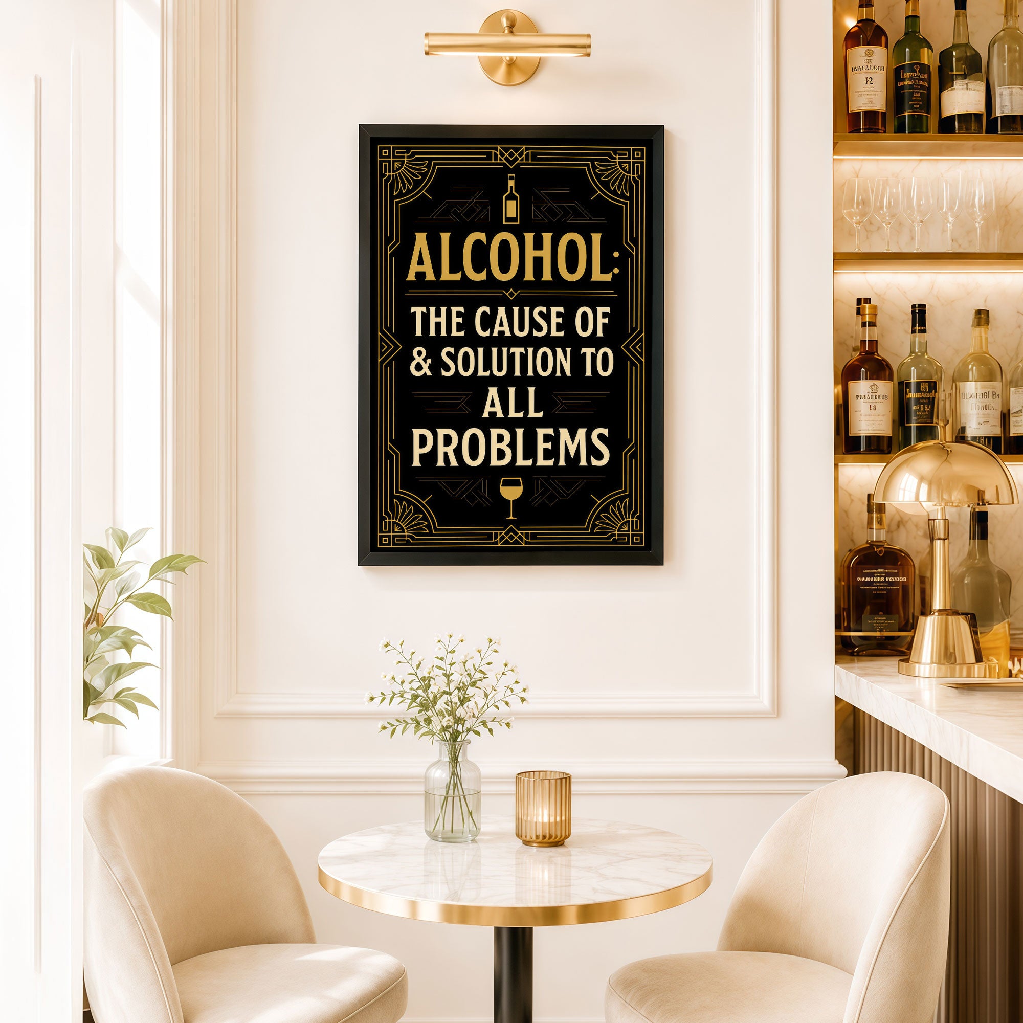 The Castle Decor Alcohol Quote Wall Poster – The Cause of & Solution to All Problems | Vintage Black Gold Bar Decor for Lounge & Pub