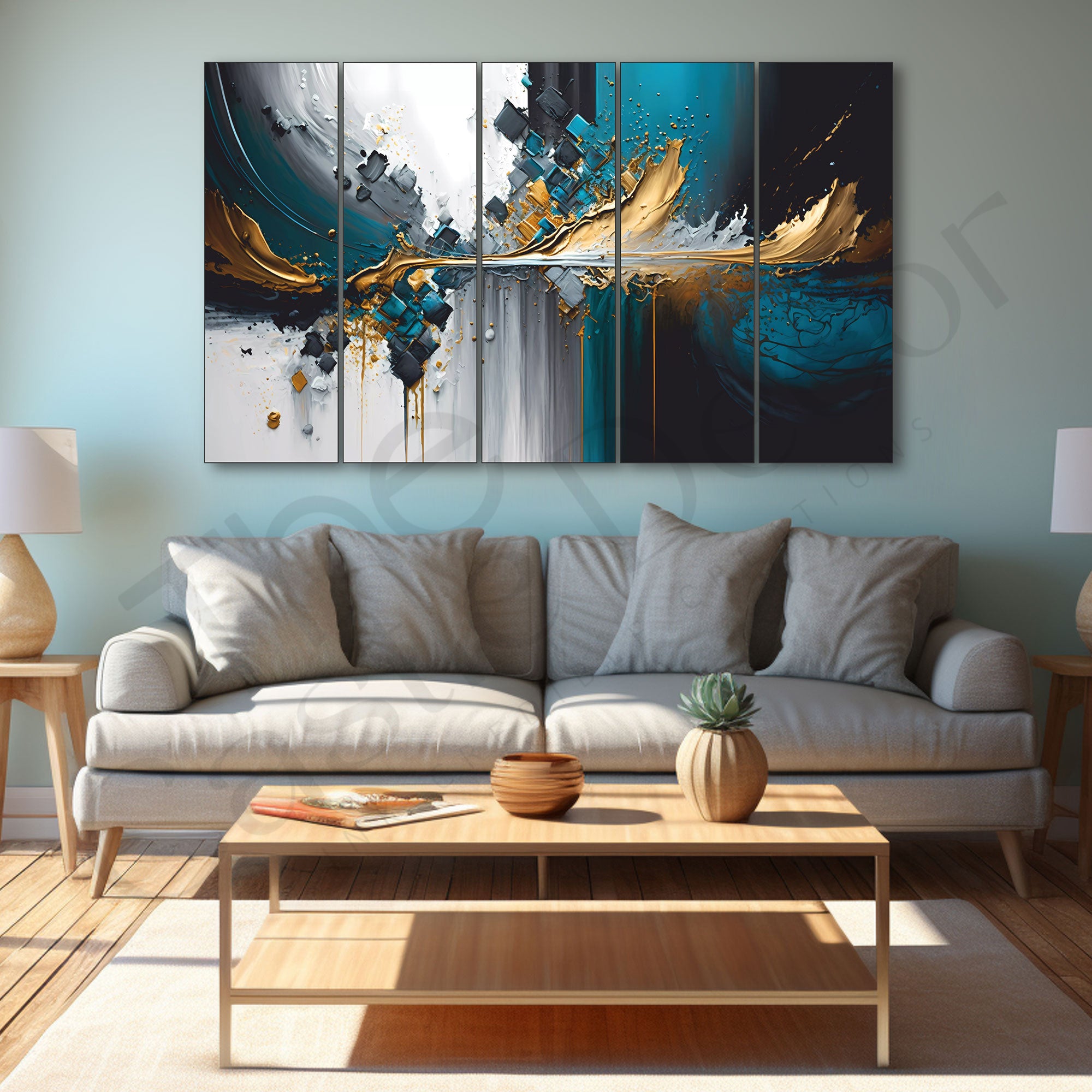 Modern abstract Set of 5 Big Size Multiple Frames Wall Art Painting for living room,Bedroom,Drawing room,Hotels-Wooden Framed-Digital Painting