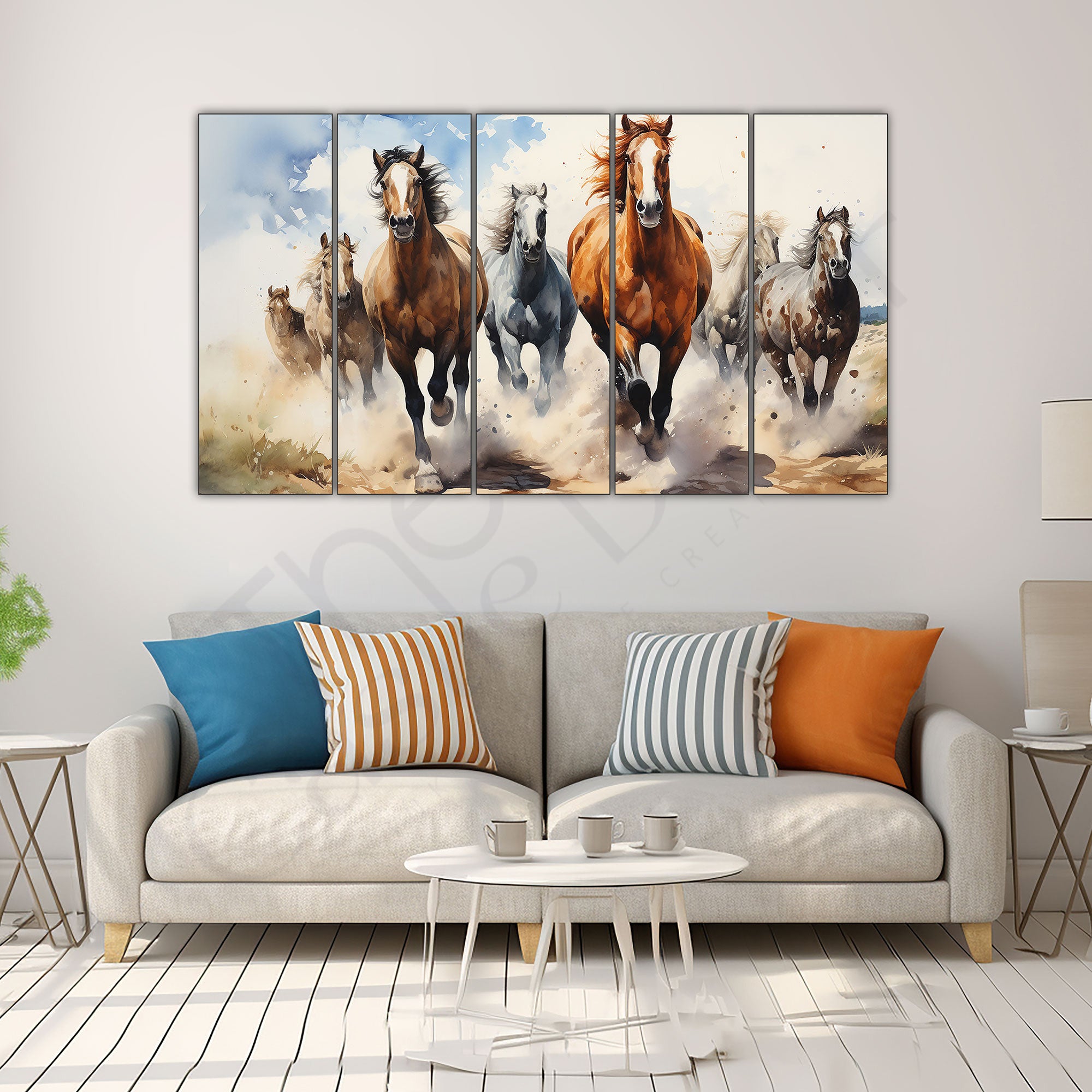 Watercolour 7 Running Vaastu Horses Painting Set of 5 for Home Decoration