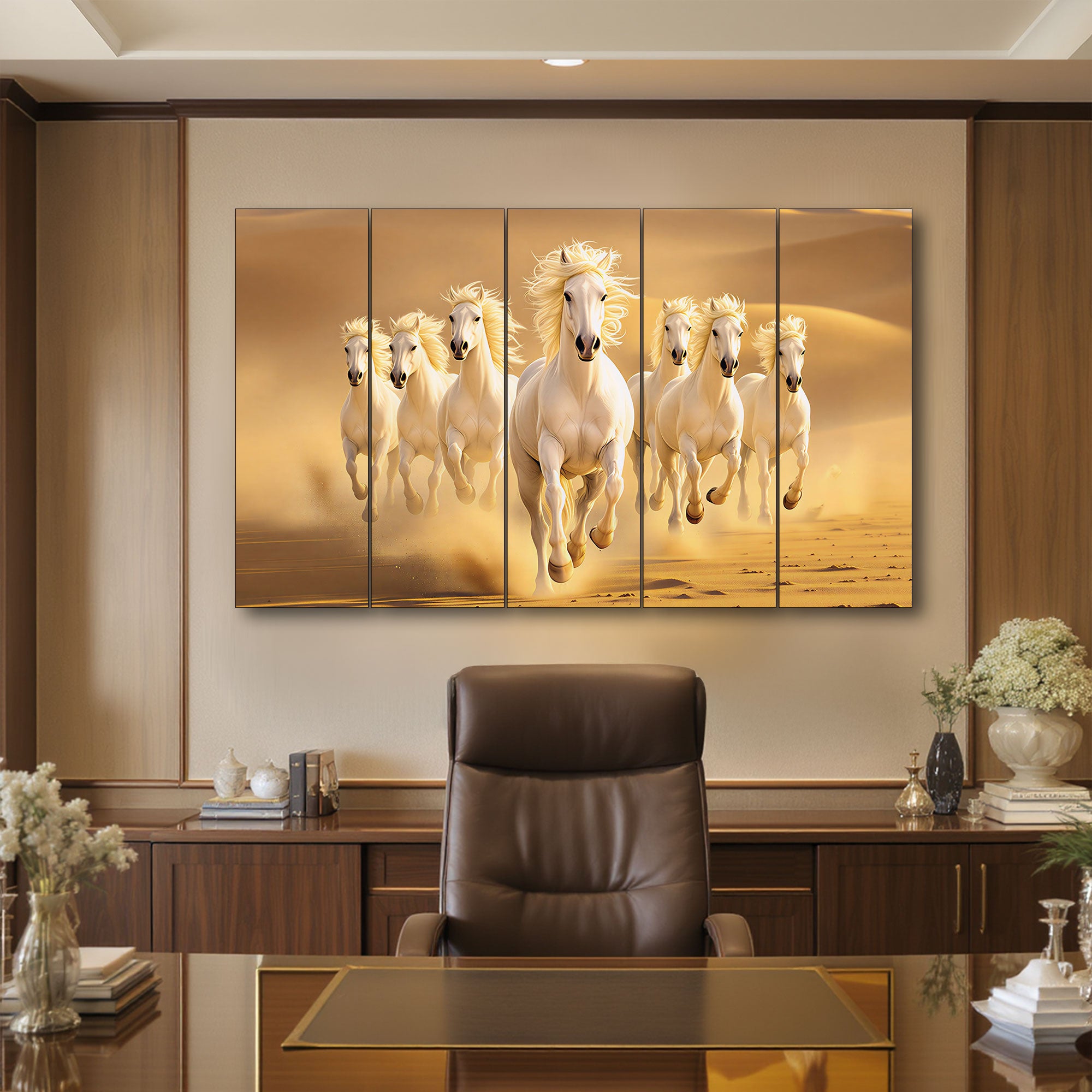 The Castle Decor Running White Horses in Golden Desert Wall Art, 5 Panel Vastu Painting for Home & Office Decor-2 36X60