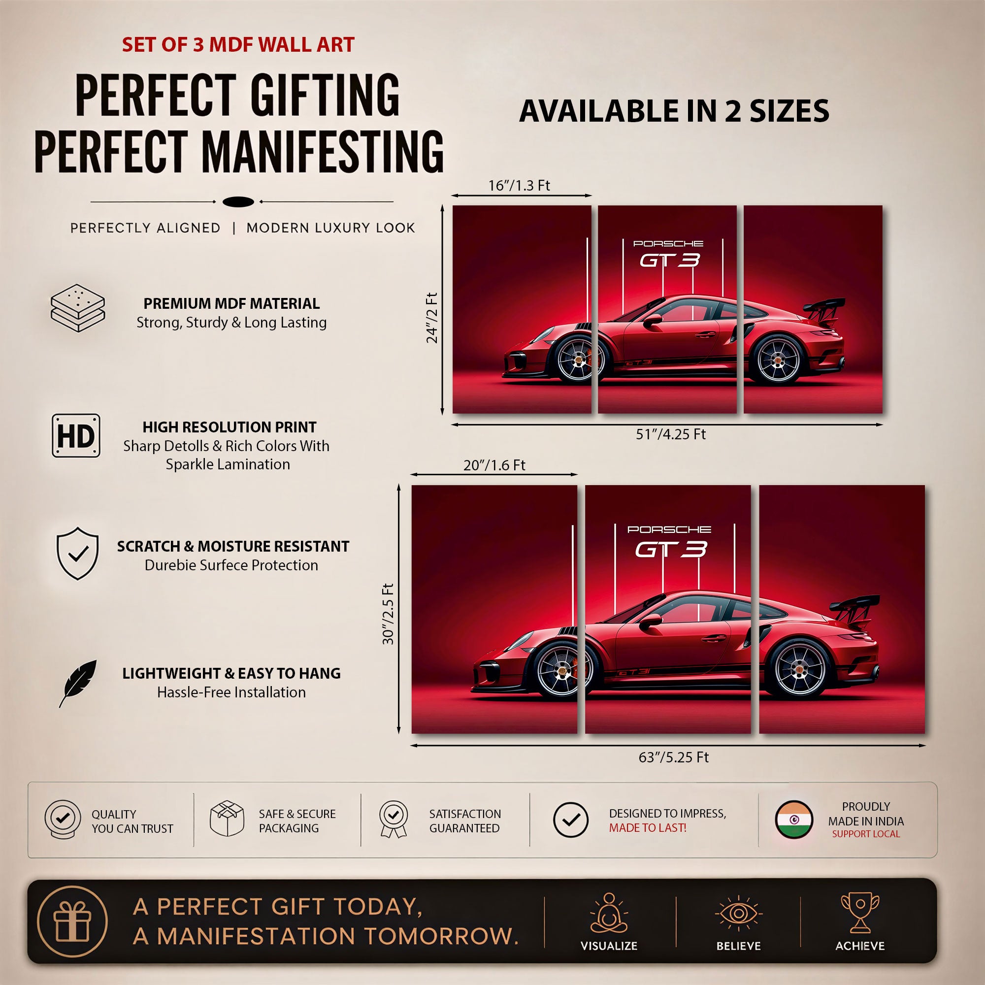 The Castle Decor Porsche GT3 Wall Art 3 Panel Painting Red Sports Car Poster Luxury Supercar Wall Decor for Bedroom Gaming Room Office Living Room