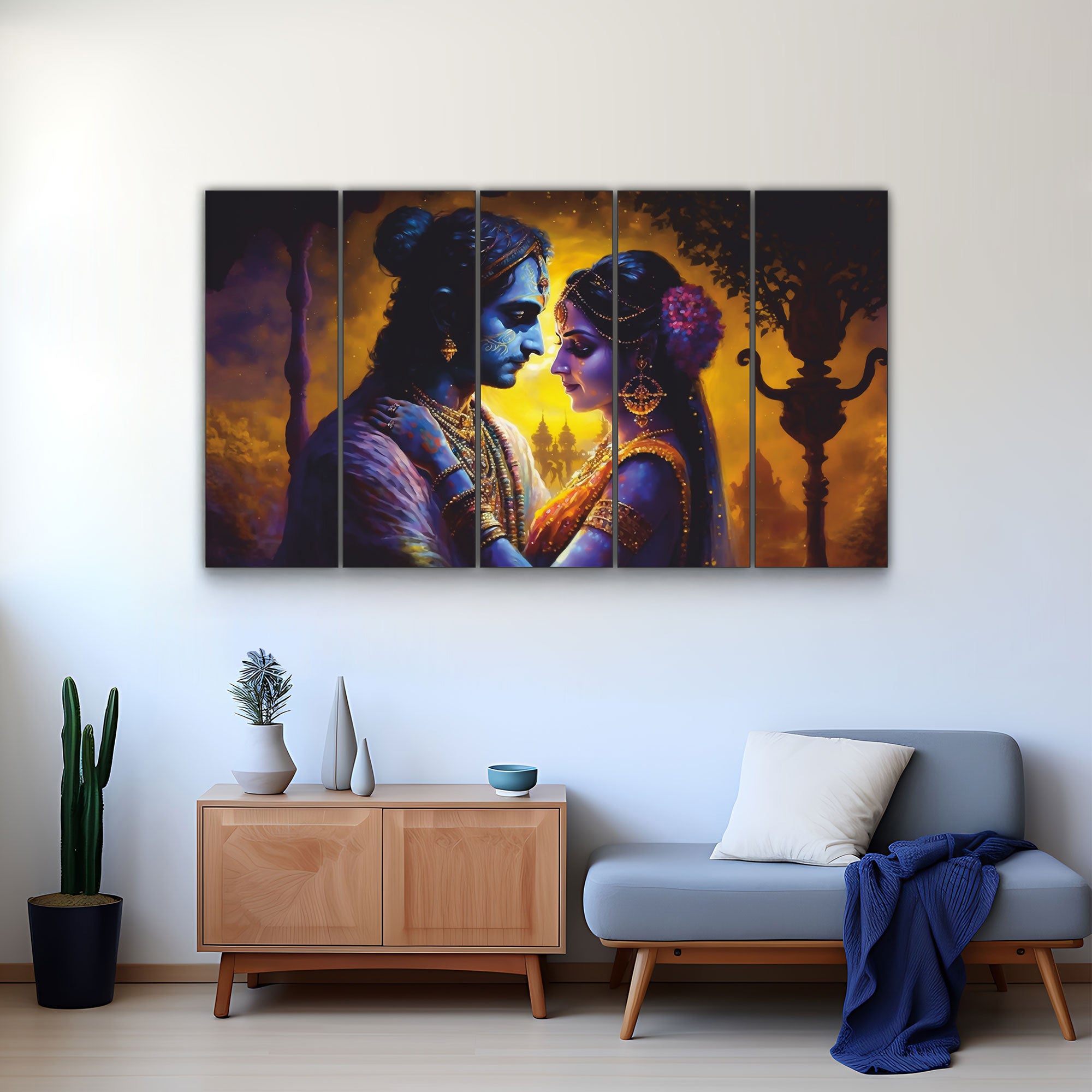 Radha krishan love Set of 5 Big Size Multiple Frames Wall Art Painting for living room,Bedroom,Drawing room,Hotels-Wooden Framed-Digital Painting