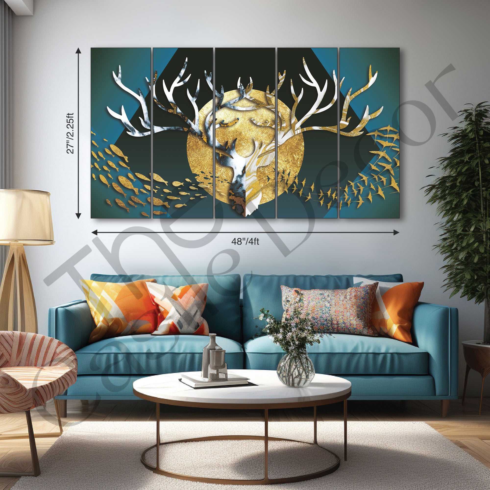 Golden Deer & Fishes Painting with frame Big Size Wall Art for living room,Bedroom,Drawing room,Hotels