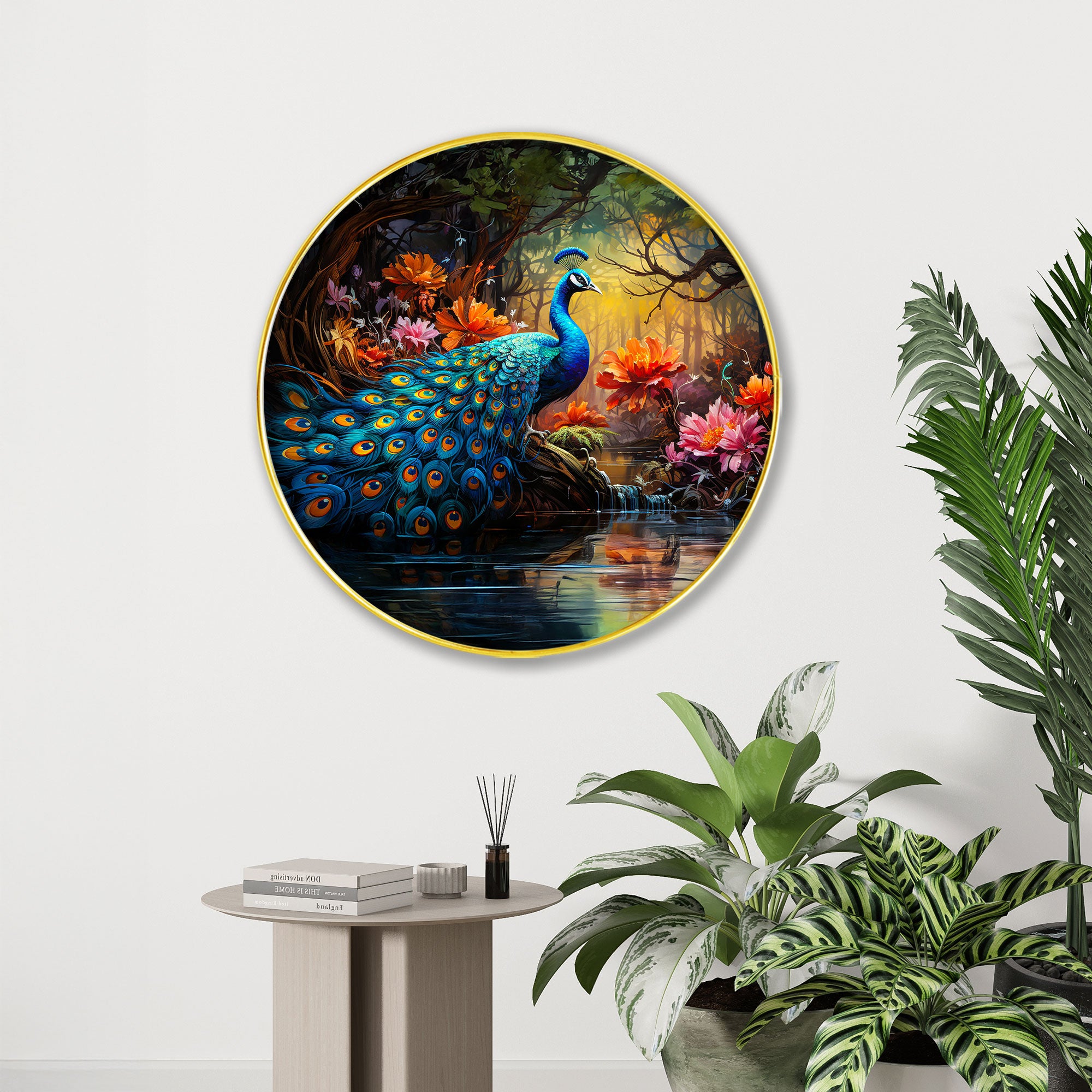 The Castle Decor Vastu Peacock Wall Art Painting | Round Frame Hanging for Home Decoration, Living Room, Office, Hotel & Gift Option