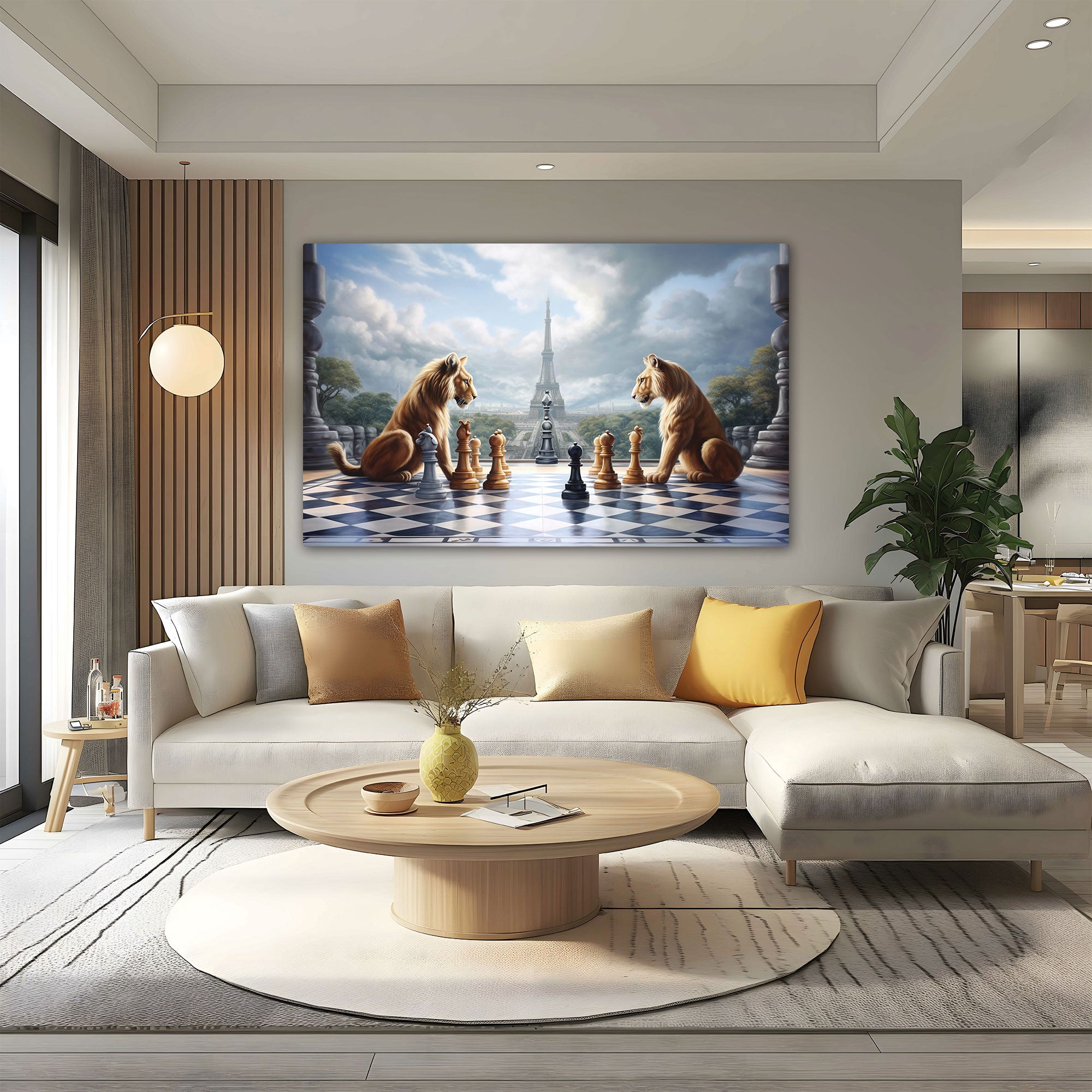 Lions play game chess Canvas painting with frame Big Size Wall Art for living room,Bedroom,Drawing room,Hotels