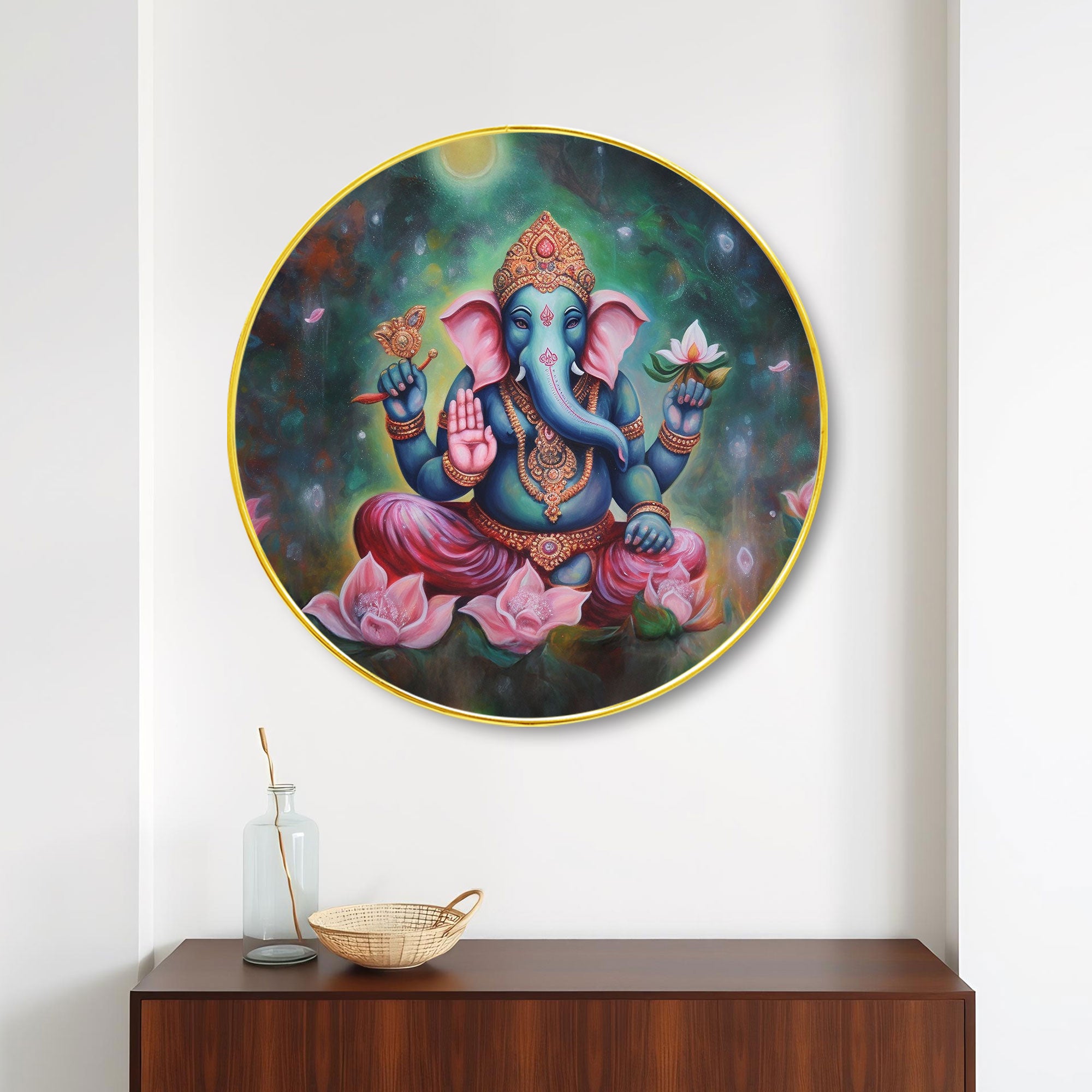 The Castle Decor Ganesha Round Wall Art Inch | Golden Slim Frame Decorative Painting for Home, Living Room, Bedroom, Office, Hotel & Gift Option