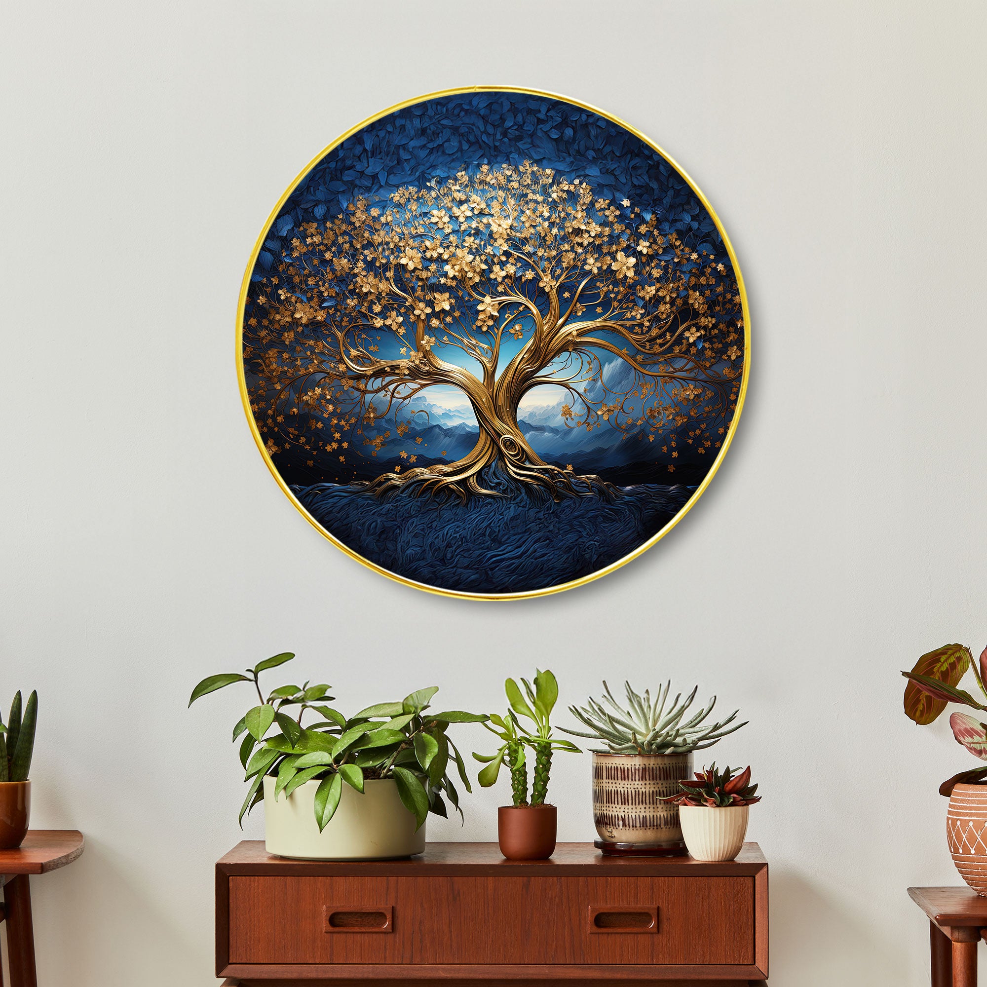 The Castle Decor Golden Wish Tree Wall Hanging | Round Frame Painting for Home Decoration, Living Room, Hotel & Gift Option