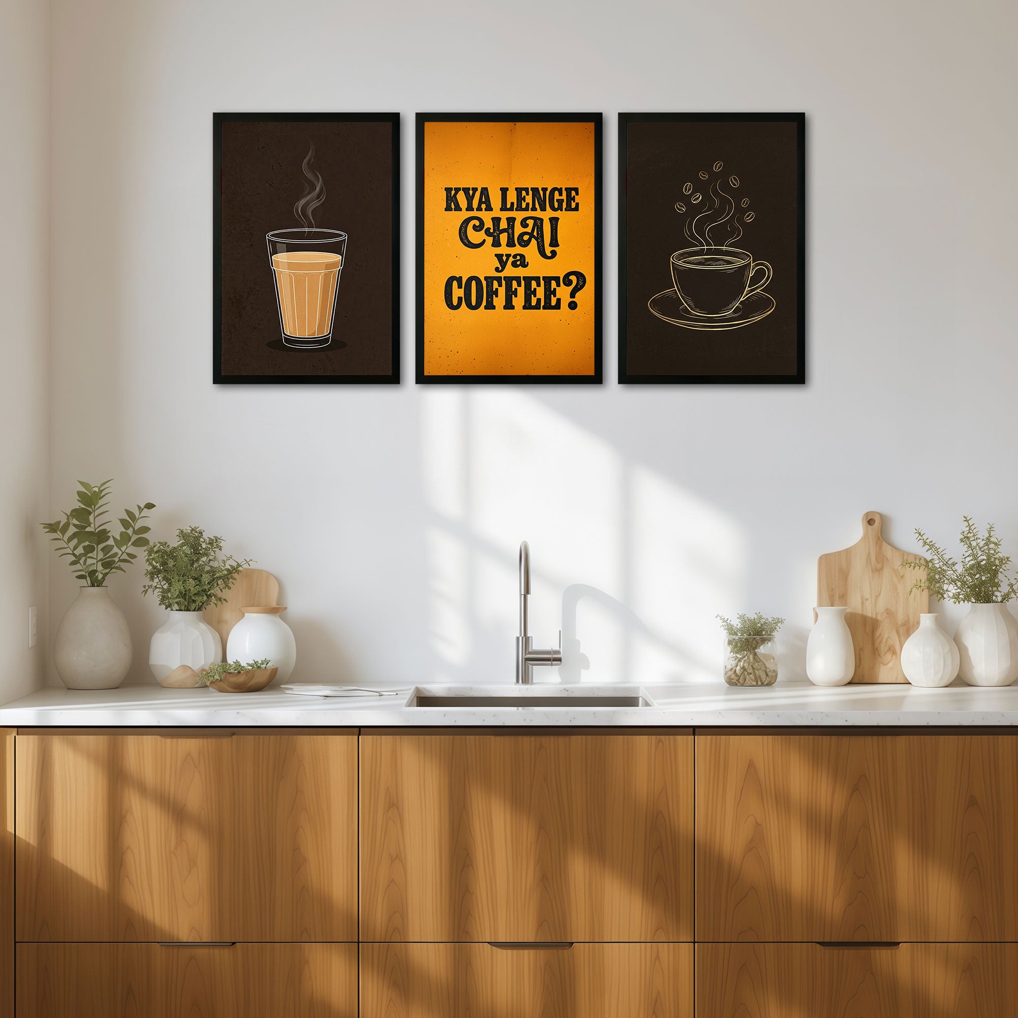 The Castle Decor Chai Coffee Wall Art Set of 3 Frame | “Kya Lenge Chai Ya Coffee” Kitchen Decor | Sparkle Lamination Finish with Premium Fiber Frame