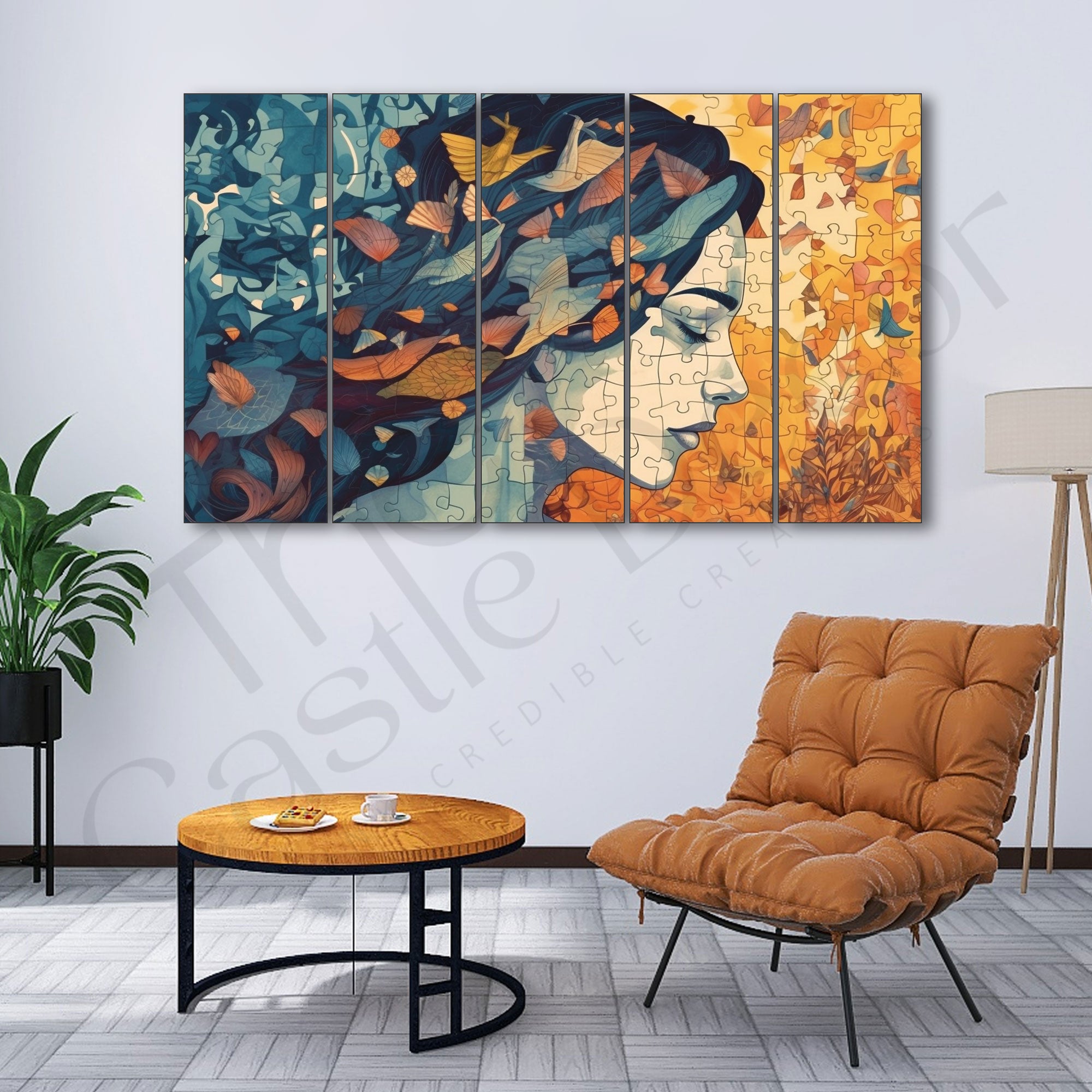 Modern Abstract Art Woman Puzzle Set of 5 Big Size Multiple Frames Wall Art Painting for living room,Bedroom,Drawing room,Hotels-Wooden Framed-Digital Painting