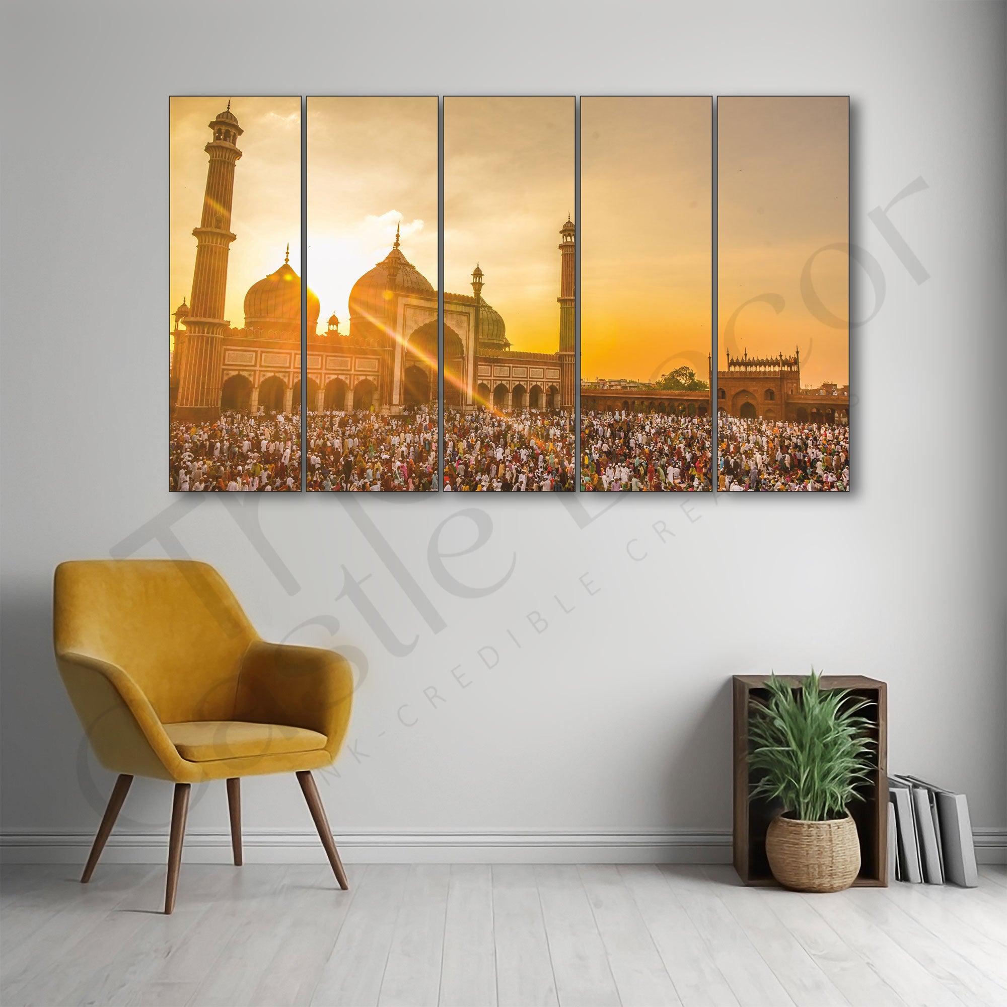 Ramadan Sunset Islam Jama Masjid Set of 5 Big Size Multiple Frames Wall Art Painting for living room,Bedroom,Drawing room,Hotels-Wooden Framed-Digital Painting