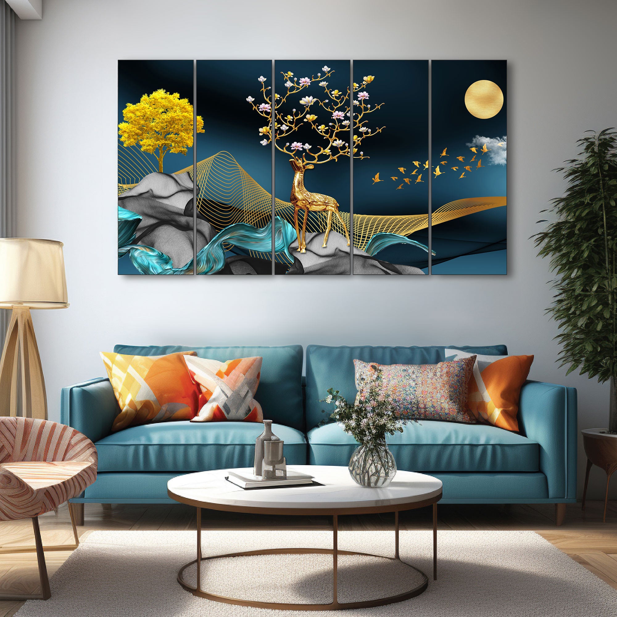 Golden Deer Painting with frame Big Size Wall Art for living room,Bedroom,Drawing room,Hotels 36x60"