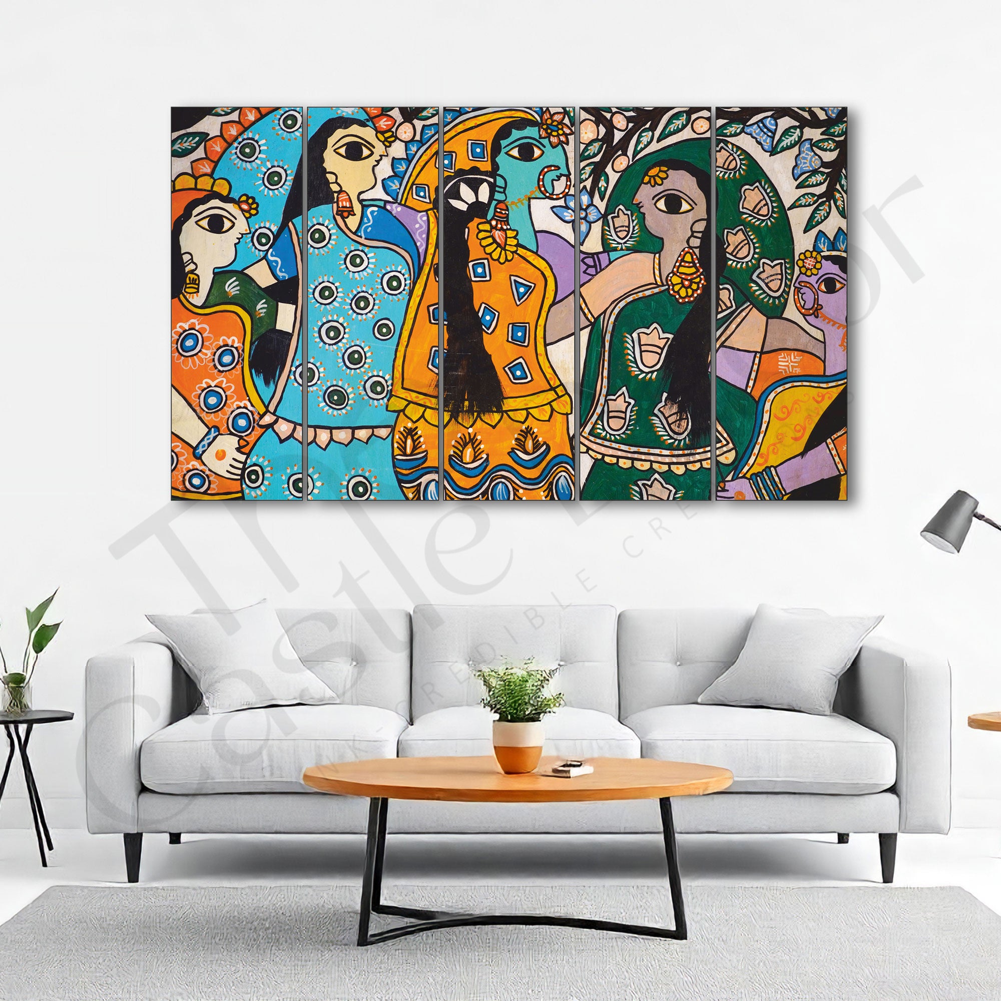 Madhubani painting from Mithila Bihar Set of 5 Big Size Multiple Frames Wall Art Painting for living room,Bedroom,Drawing room,Hotels-Wooden Framed-Digital Painting