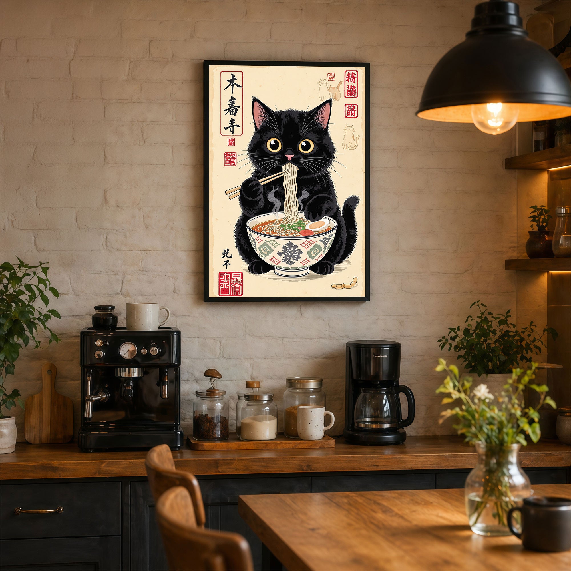 The Castle Decor Cute Cat Eating Ramen Wall Art Frame | Japanese Kitchen Decor | Sparkle Finish Painting with Premium Fiber Frame for Home, Café & Dining