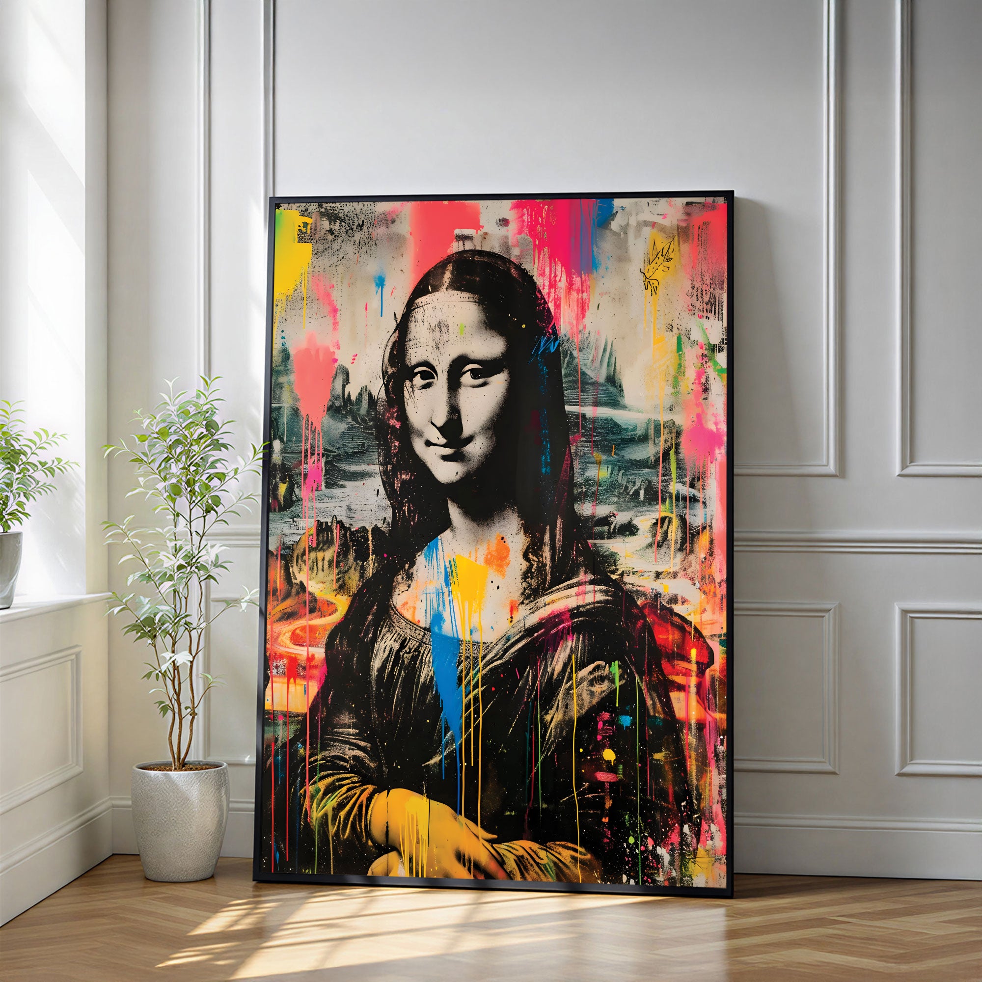 The Castle Decor Mona Lisa Modern Graffiti Wall Art – Classic Art Reimagined with Bold Paint Splash Design, Premium Sparkle Finish, 20×30 Inch Contemporary Wall Décor